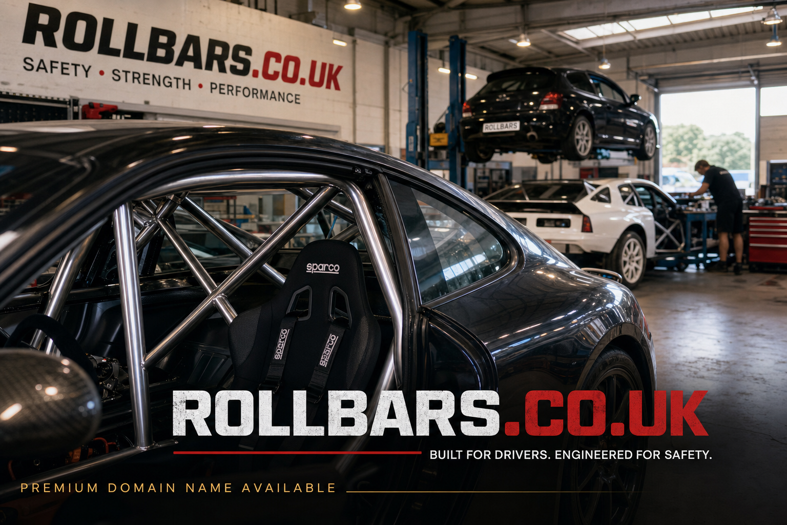 A sleek black car with a Sparco racing seat and visible metal roll bars in a spacious garage. In the background, a mechanic works near a white sports car and a black car is elevated on a lift. A bold sign on the wall reads "ROLLBARS.CO.UK Safety Strength Performance".