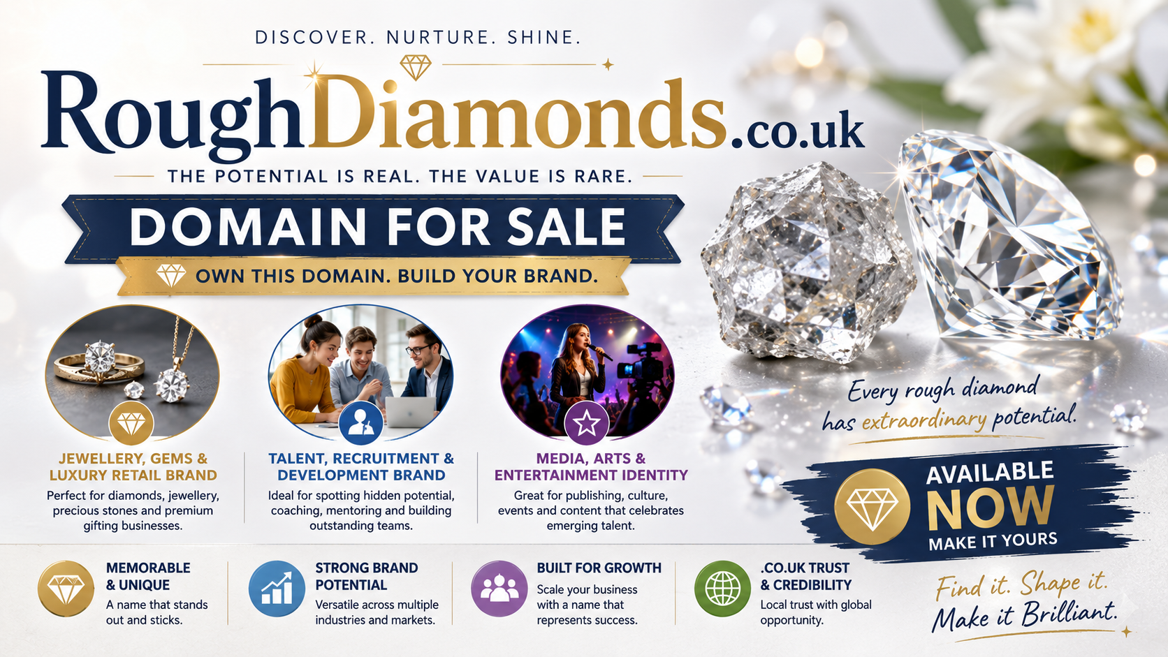 Bright promotional banner for roughdiamonds.co.uk with polished diamonds and luxury branding. Style: elegant and uplifting.