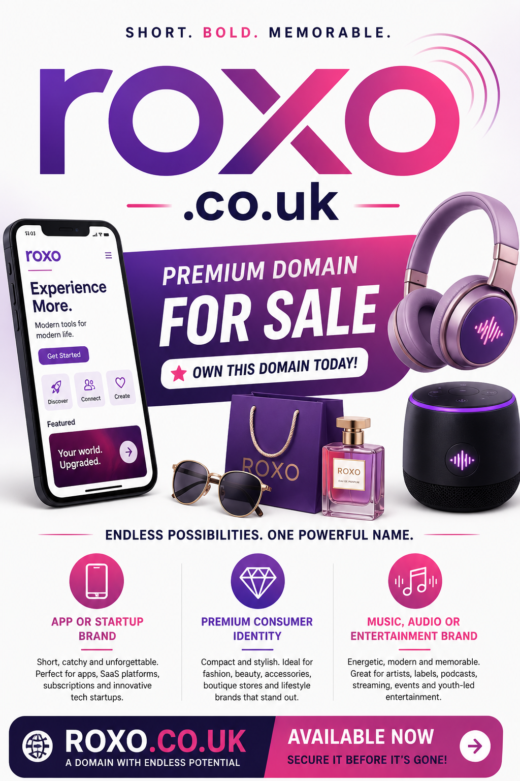 Promotional graphic featuring the domain roxo.co.uk, shown with neon headphones and mobile app icons. Style: vibrant modern