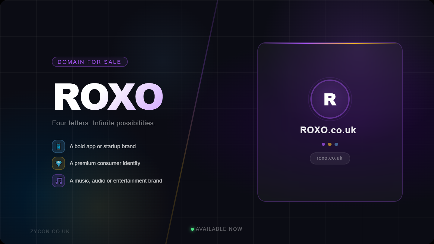 Domain-for-sale promo banner featuring ROXO.co.uk, shown with gradient text and a branded card mockup. Style: dark, minimal, startup-style.