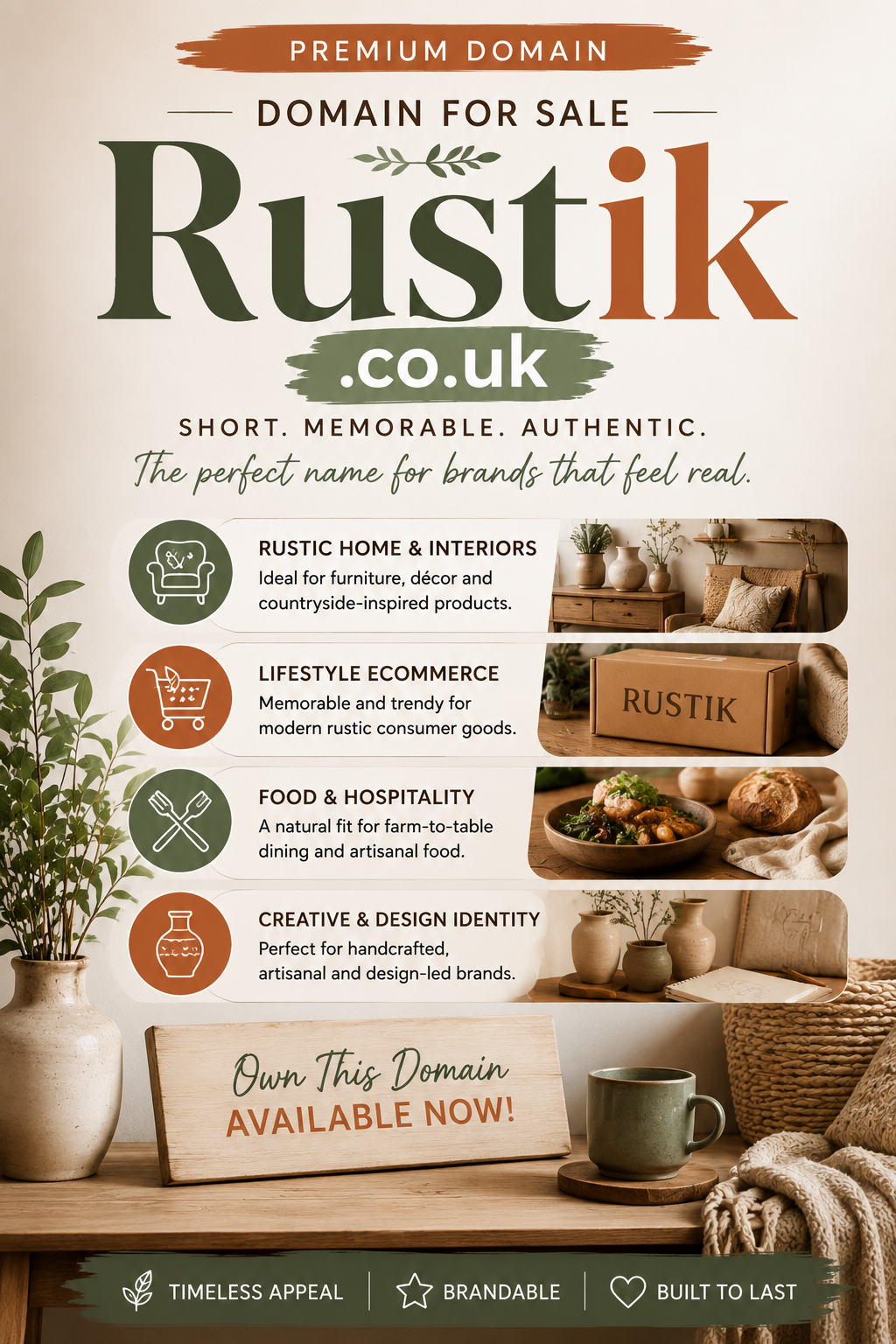 Promotional graphic featuring the domain Rustik.co.uk with rustic interiors and artisan decor. Style: warm modern rustic.