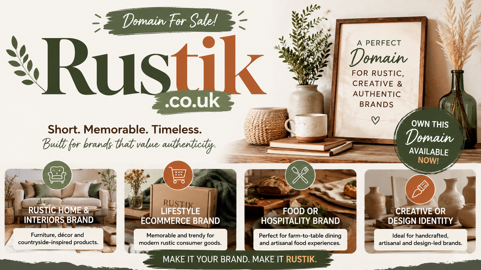Promotional graphic featuring the domain Rustik.co.uk with rustic interiors and artisan decor. Style: warm modern rustic.