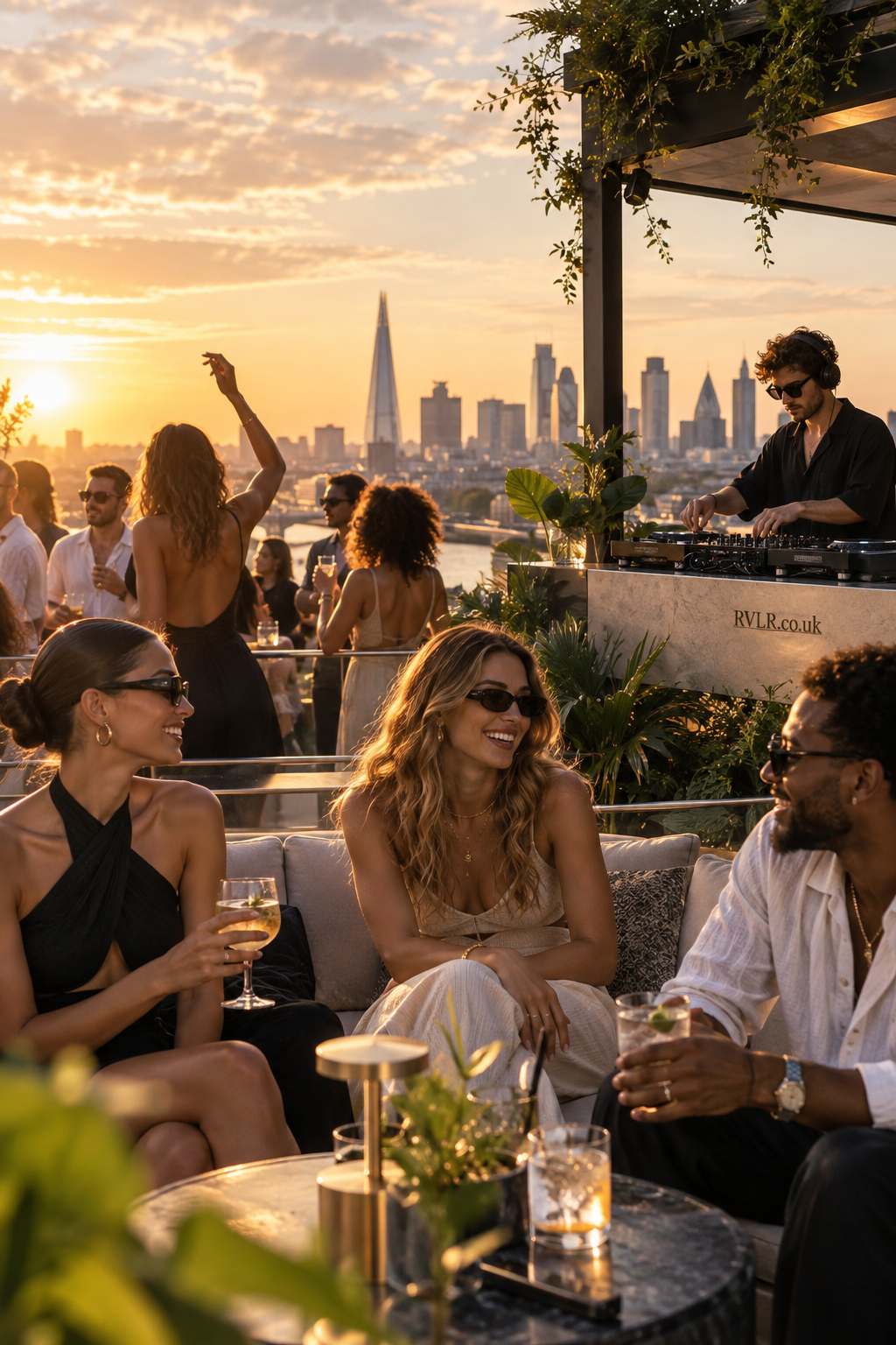 Golden-hour rooftop music event with a DJ, stylish guests, cocktails and the London skyline, with RVLR.co.uk discreetly displayed on the DJ booth.