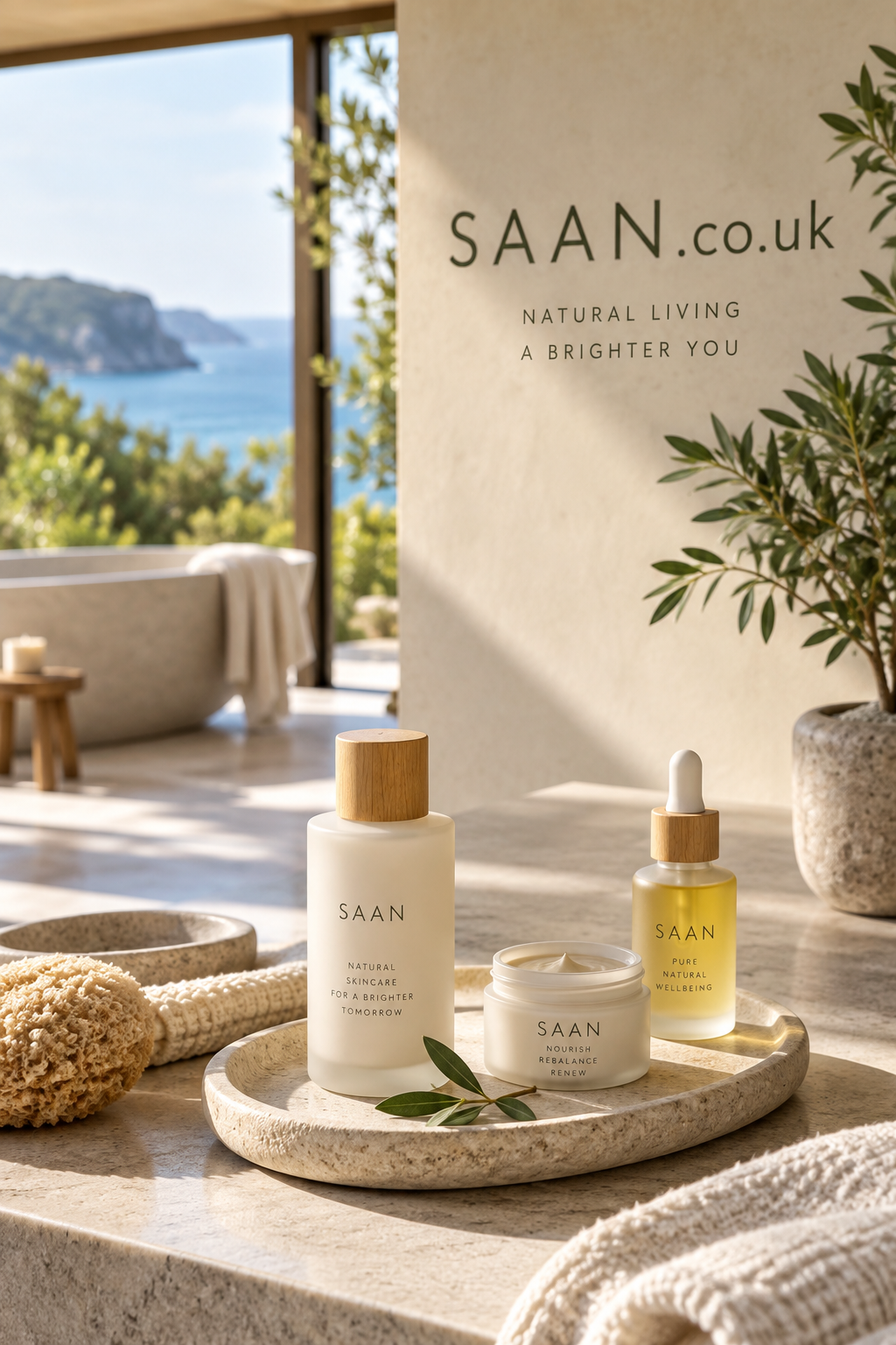 Sunlit luxury skincare products arranged on a stone tray in a serene coastal bathroom, with natural textures, olive greenery and SAAN.co.uk displayed discreetly on the wall.