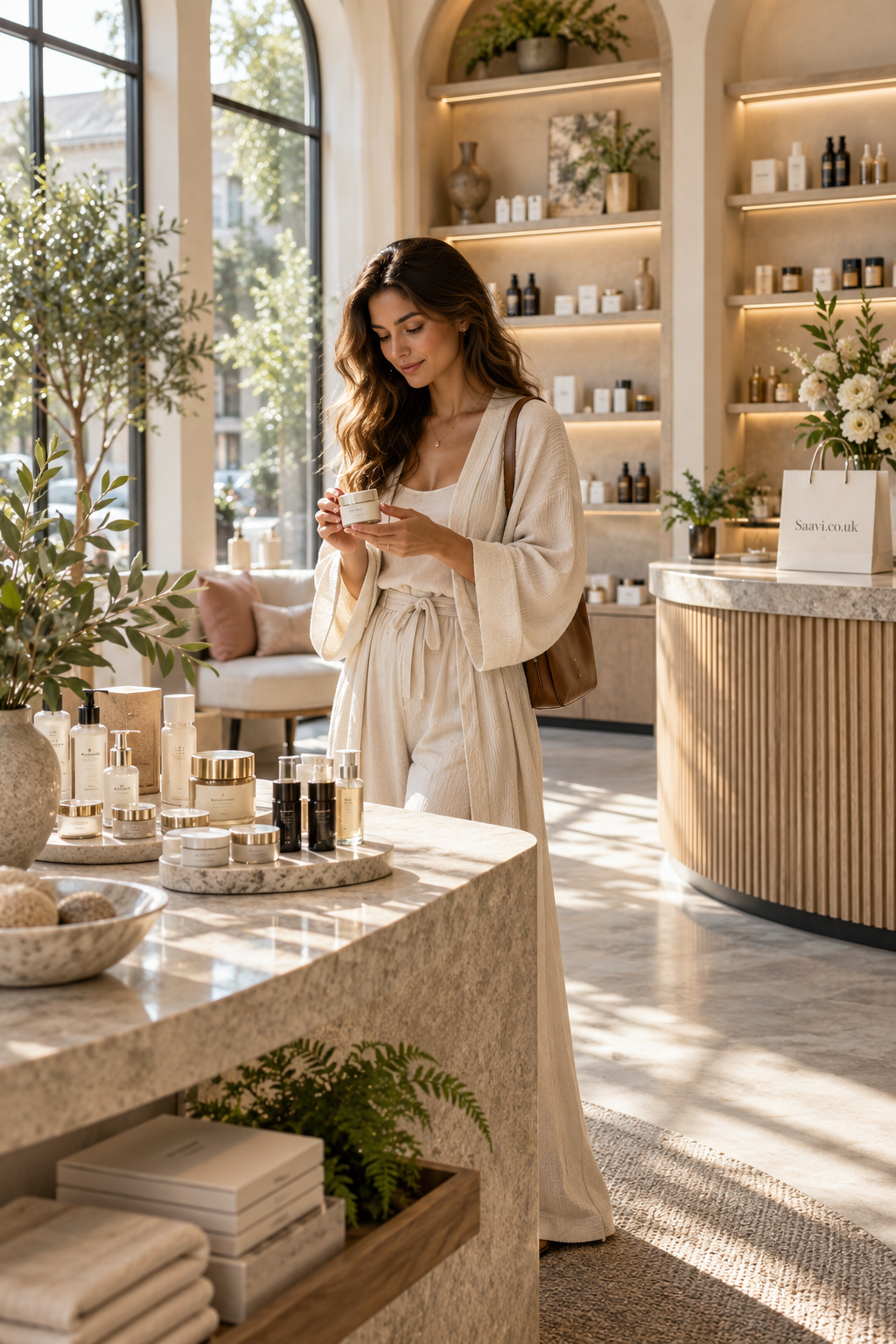 Sunlight fills a refined skincare boutique where a woman examines a beauty cream among elegant product displays, natural stone surfaces, greenery and subtle Saavi.co.uk branding.