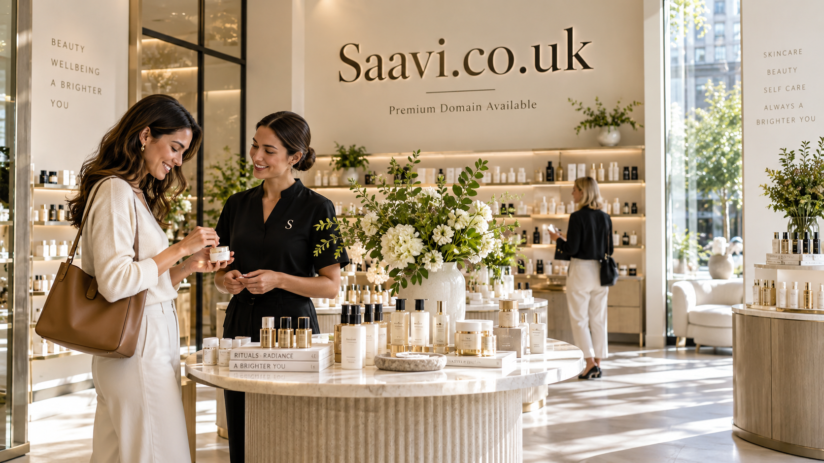 Shoppers explore a bright luxury skincare boutique with elegant product displays, natural flowers and warm neutral interiors, while Saavi.co.uk appears as refined wall signage.