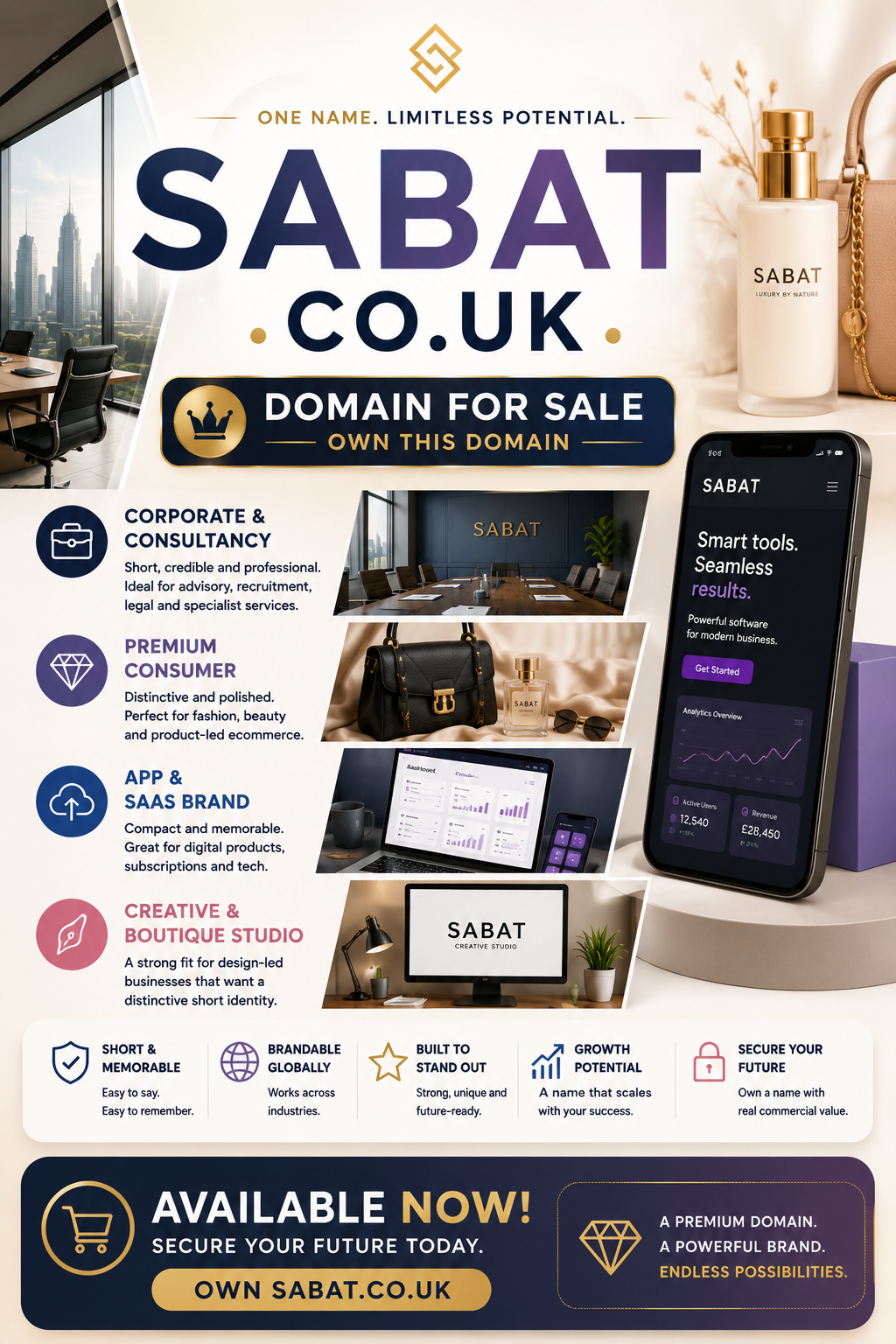 Promotional graphic featuring the domain Sabat.co.uk with luxury branding and consultancy visuals. Style: modern premium business design.