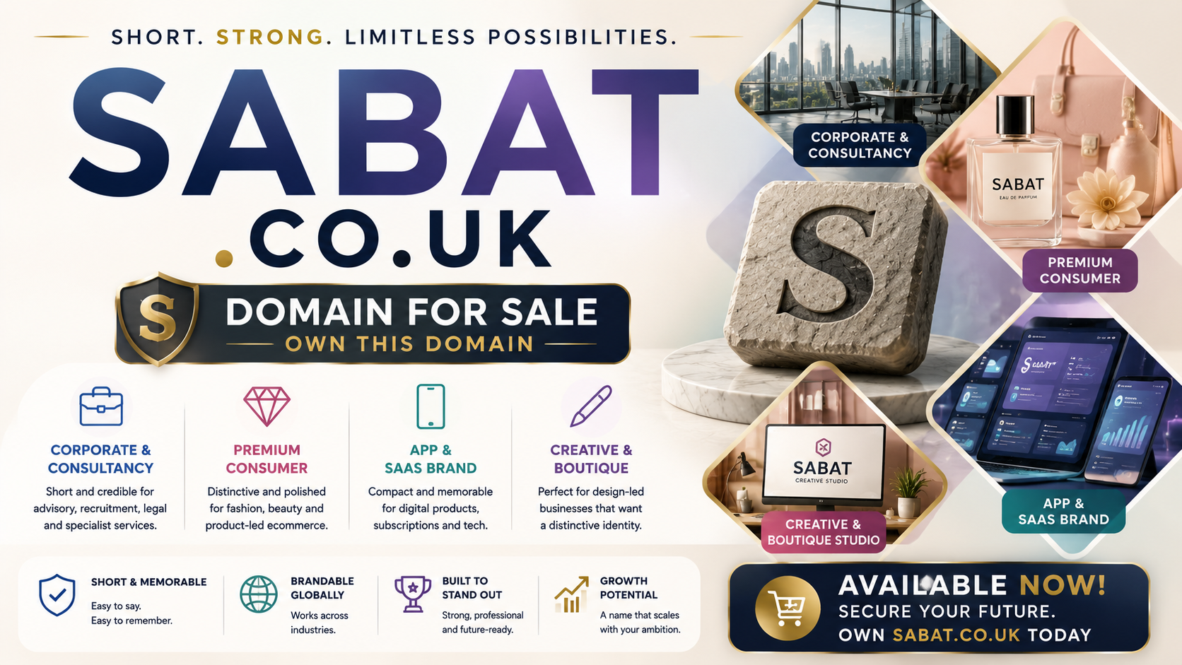 Promotional graphic featuring the domain Sabat.co.uk with luxury branding and consultancy visuals. Style: modern premium business design.