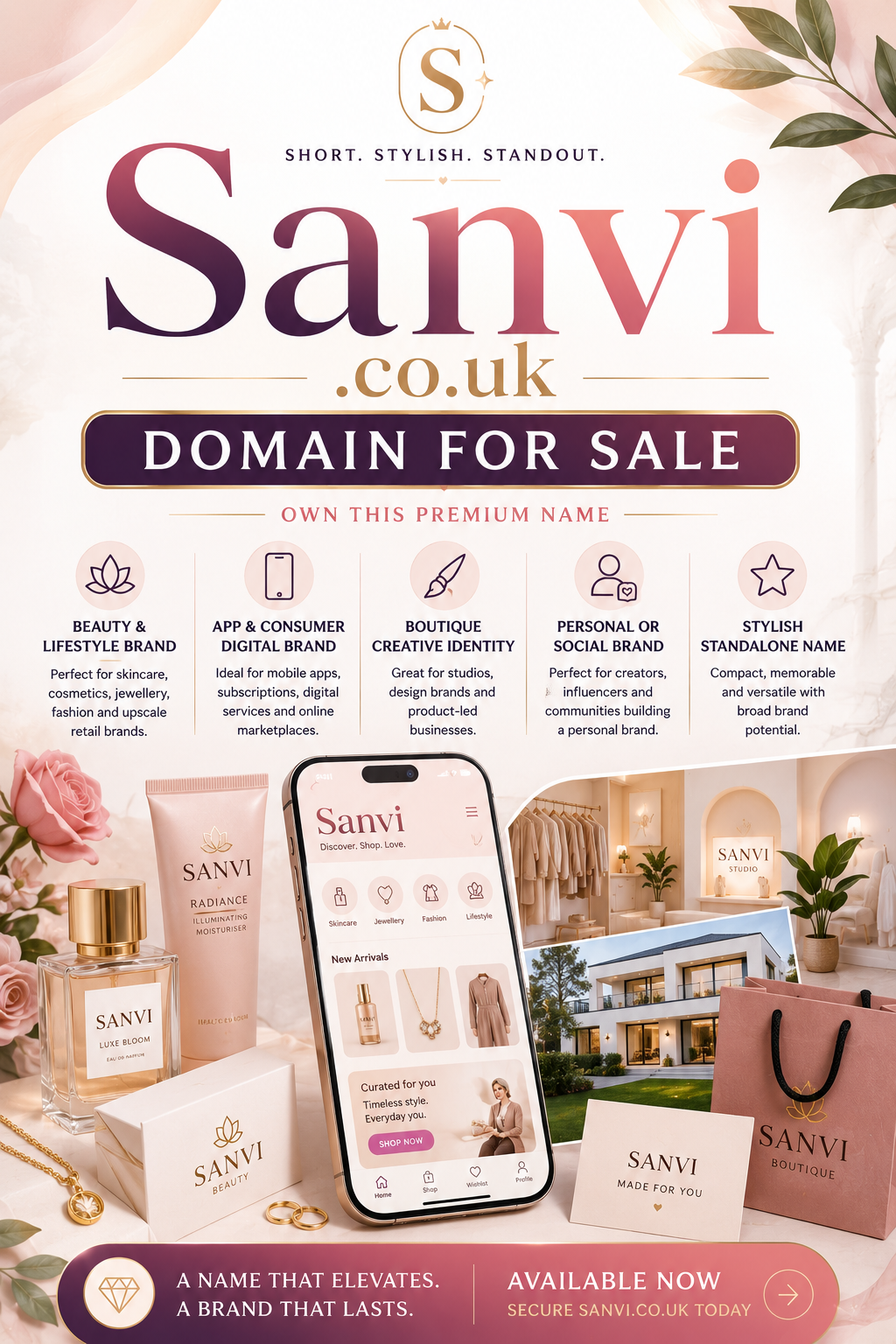 Promotional graphic featuring the domain Sanvi.co.uk with luxury beauty branding, elegant app visuals and boutique lifestyle styling. Style: bright premium modern aesthetic.