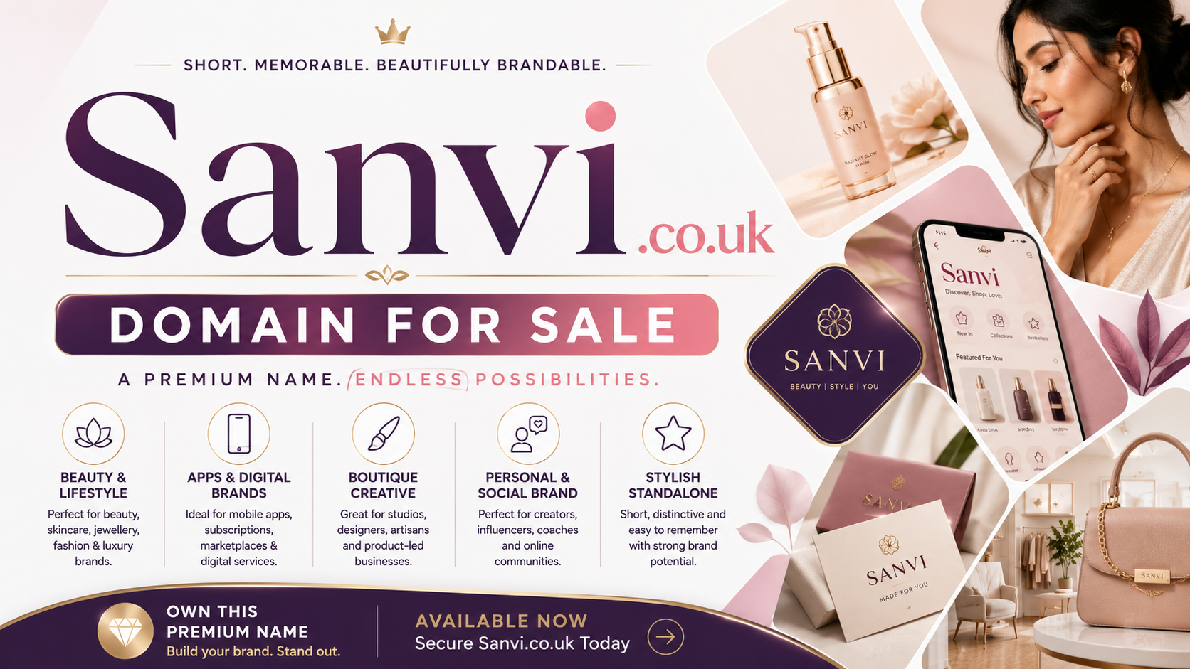 Promotional graphic featuring the domain Sanvi.co.uk with luxury beauty branding, elegant app visuals and boutique lifestyle styling. Style: bright premium modern aesthetic.