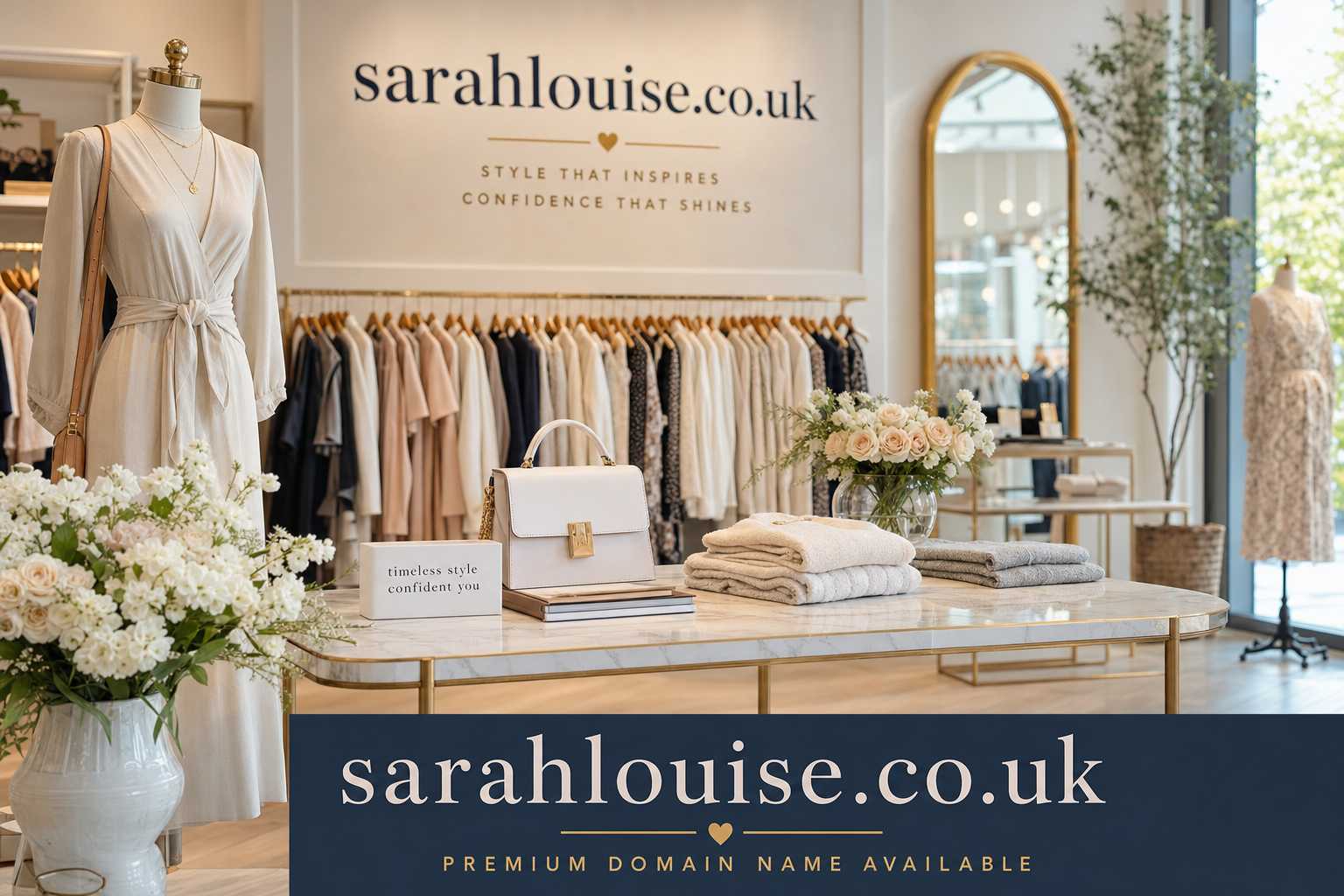 A boutique clothing store interior with a mannequin dressed in a cream wrap dress, a marble table displaying folded sweaters, a handbag, books, and flower arrangements. A clothing rack with neutral-toned garments lines the back wall under the sign sarahlouise.co.uk and the tagline 'Style that inspires, confidence that shines.'
