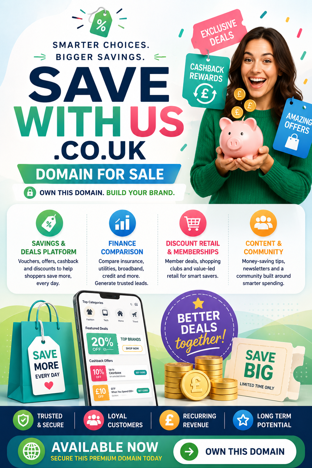 Promotional graphic for savewithus.co.uk with bright savings visuals, cashback icons and modern retail branding.