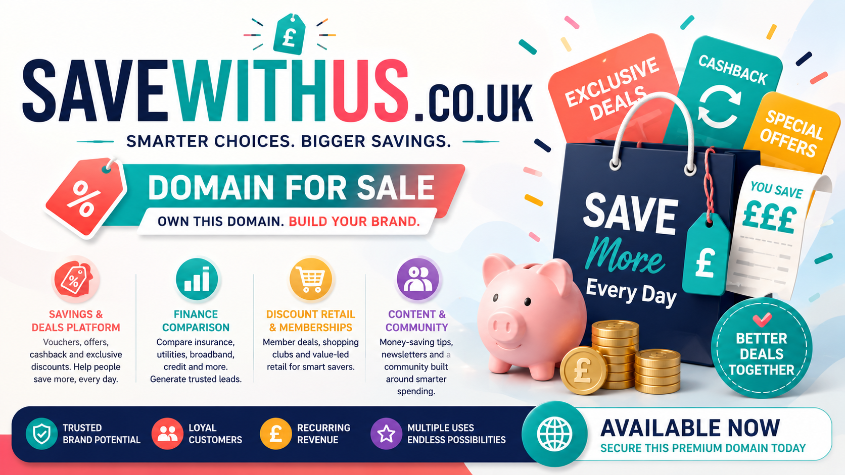 Promotional graphic for savewithus.co.uk with bright savings visuals, cashback icons and modern retail branding.
