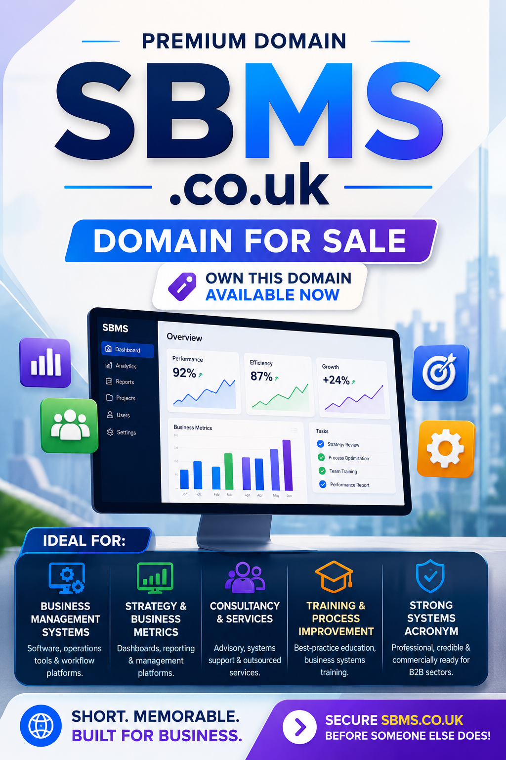 Promotional graphic featuring the domain SBMS.co.uk with analytics icons, business branding and modern SaaS styling.