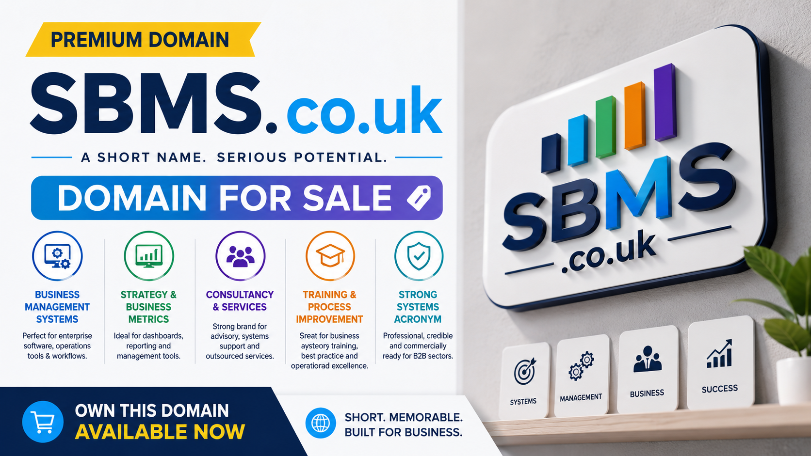 Promotional graphic featuring the domain SBMS.co.uk with analytics icons, business branding and modern SaaS styling.