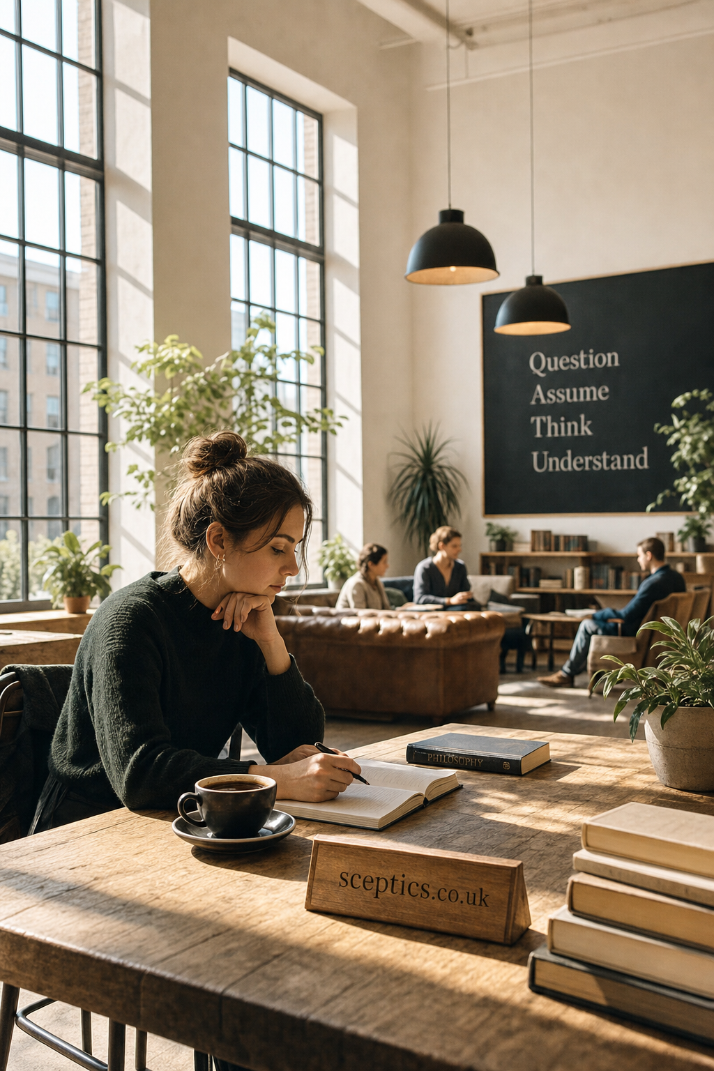 A woman studying and taking notes in a bright, modern library or study space with large windows, books titled Philosophy, coffee, plants, and a wooden desk nameplate showing sceptics.co.uk, while a group talks in the background under a wall sign reading 'Question Assume Think Understand'.