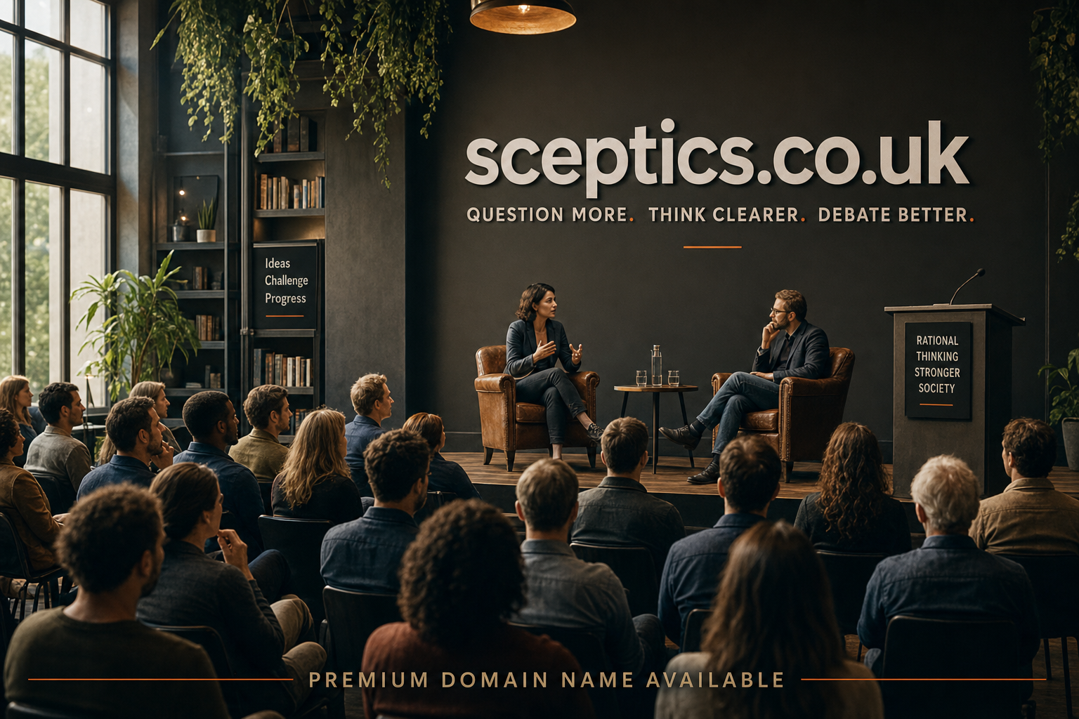 Two people engaged in a discussion on a small stage in front of an audience seated in rows. Behind them is a dark wall with large text sceptics.co.uk and phrases Question More, Think Clearer, Debate Better. Bookshelves and plants frame the scene.