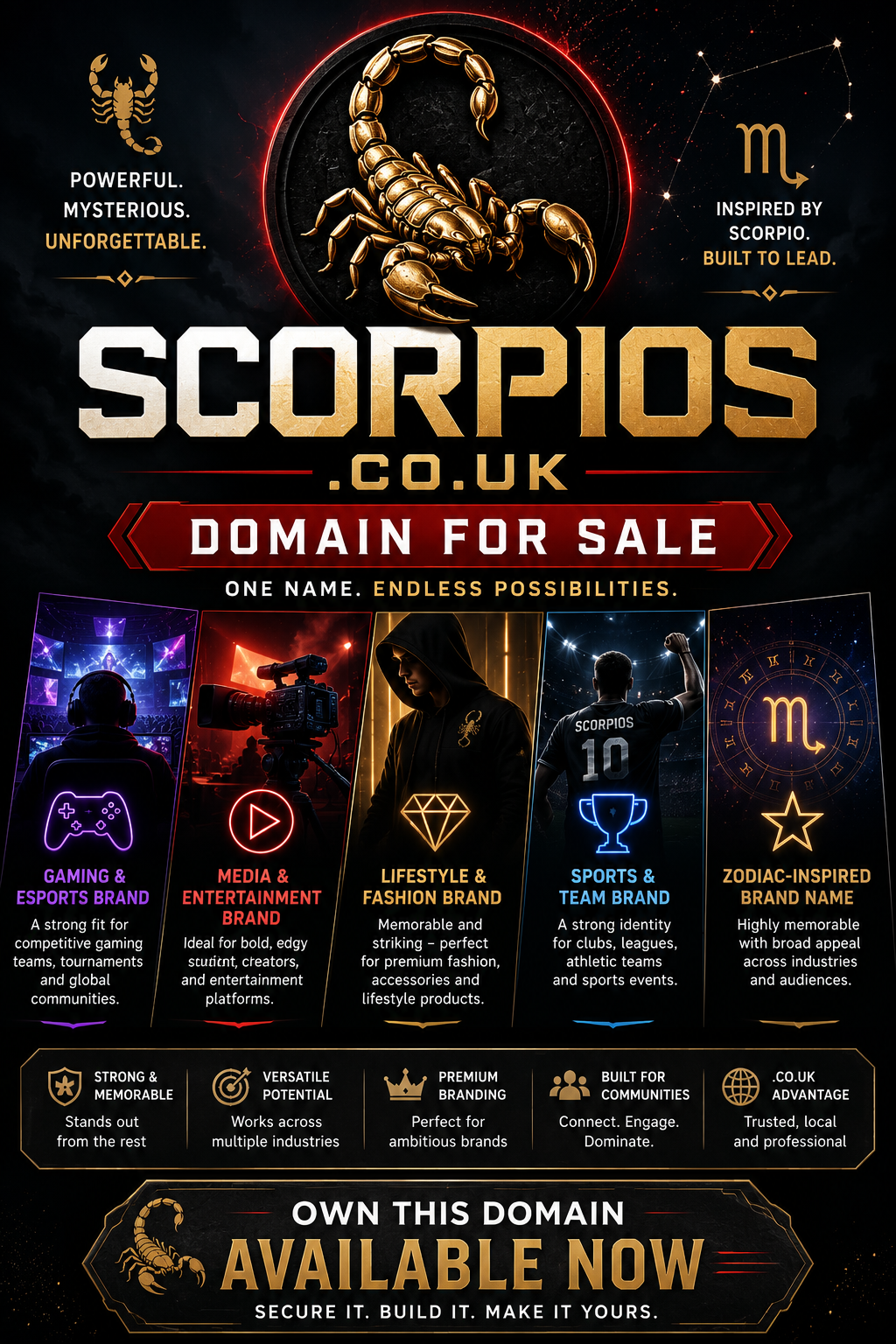 Promotional graphic featuring the domain scorpios.co.uk, shown with scorpion emblem and gaming icons. Style: bold futuristic branding.
