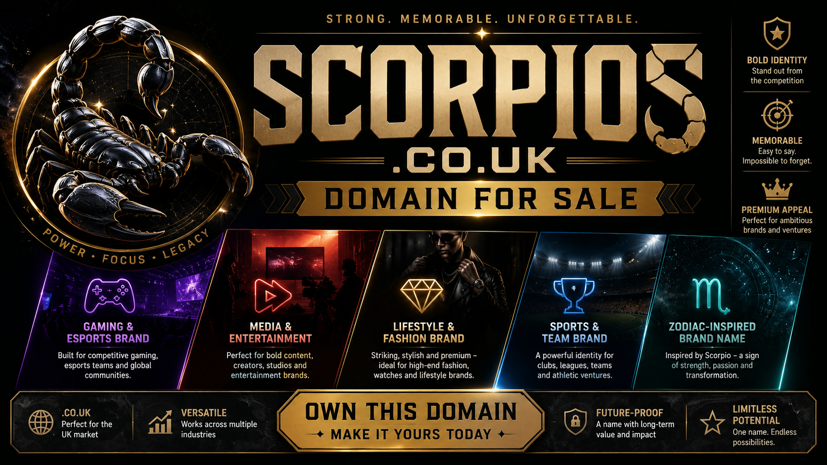 Promotional graphic featuring the domain scorpios.co.uk, shown with scorpion emblem and gaming icons. Style: bold futuristic branding.