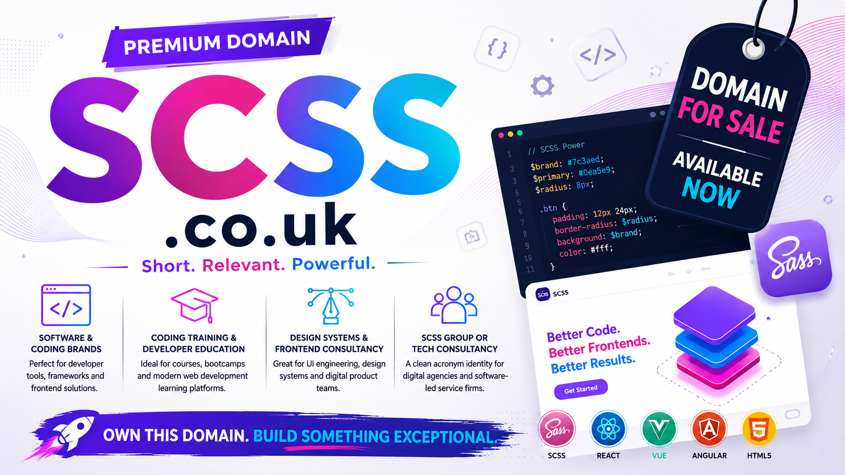Promotional graphic featuring the domain SCSS.co.uk with code editor, frontend icons and UI elements. Style: bright modern tech branding.