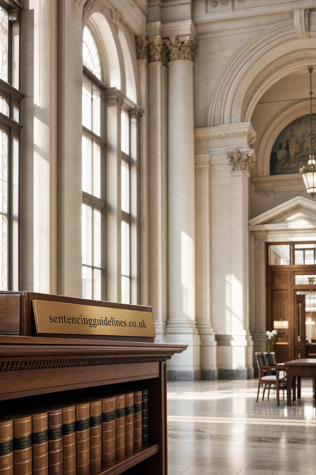 Stone interior of a classical courthouse or legal building with tall arched windows, Corinthian columns, and wooden furniture including a desk with a brass nameplate displaying the domain name sentencingguidelines.co.uk.
