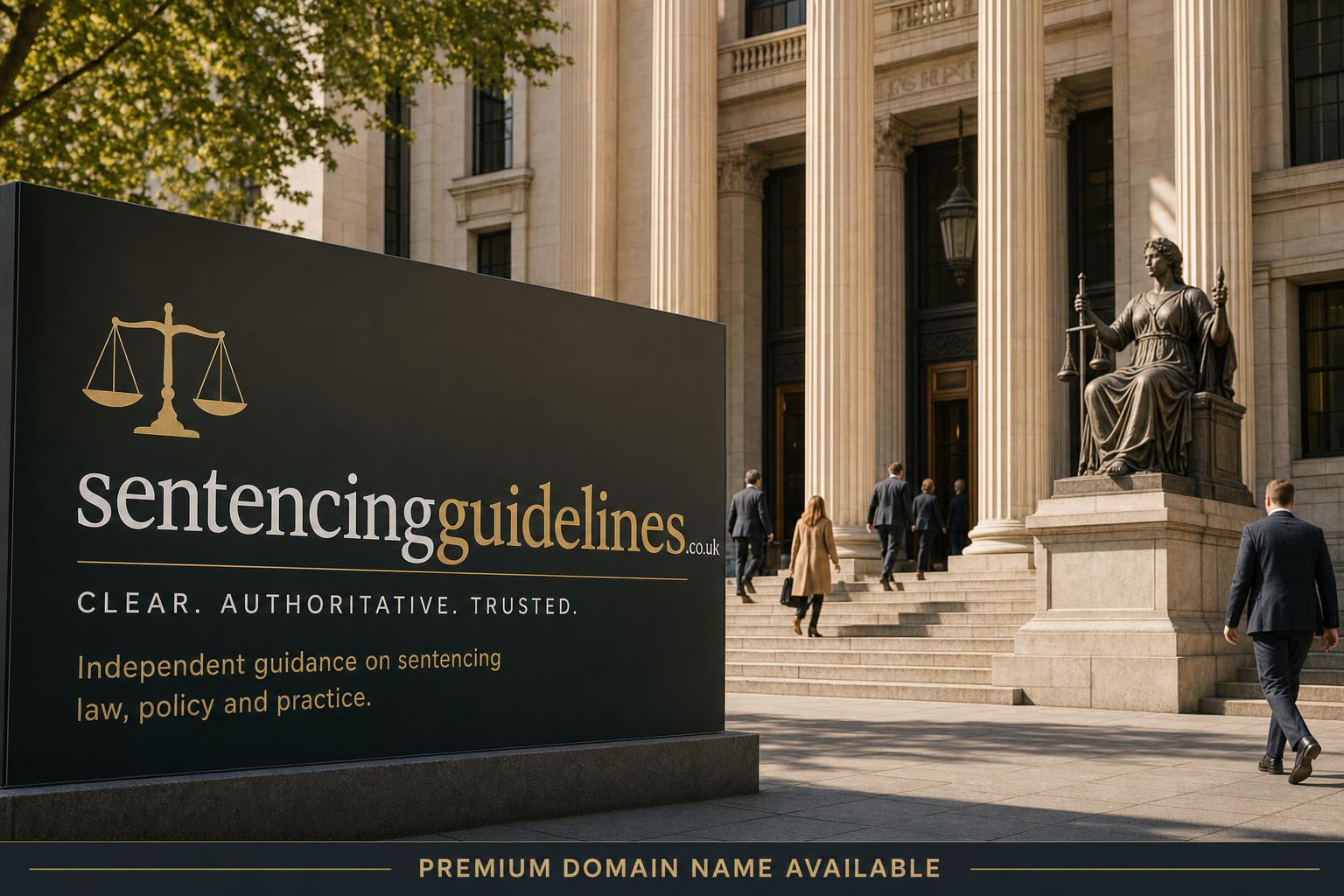 A large black sign with gold and white text reading "sentencingguidelines.co.uk CLEAR. AUTHORITATIVE. TRUSTED. Independent guidance on sentencing law, policy and practice." stands in front of a courthouse with tall columns and a statue holding scales of justice. Several people in business attire walk up the courthouse steps.