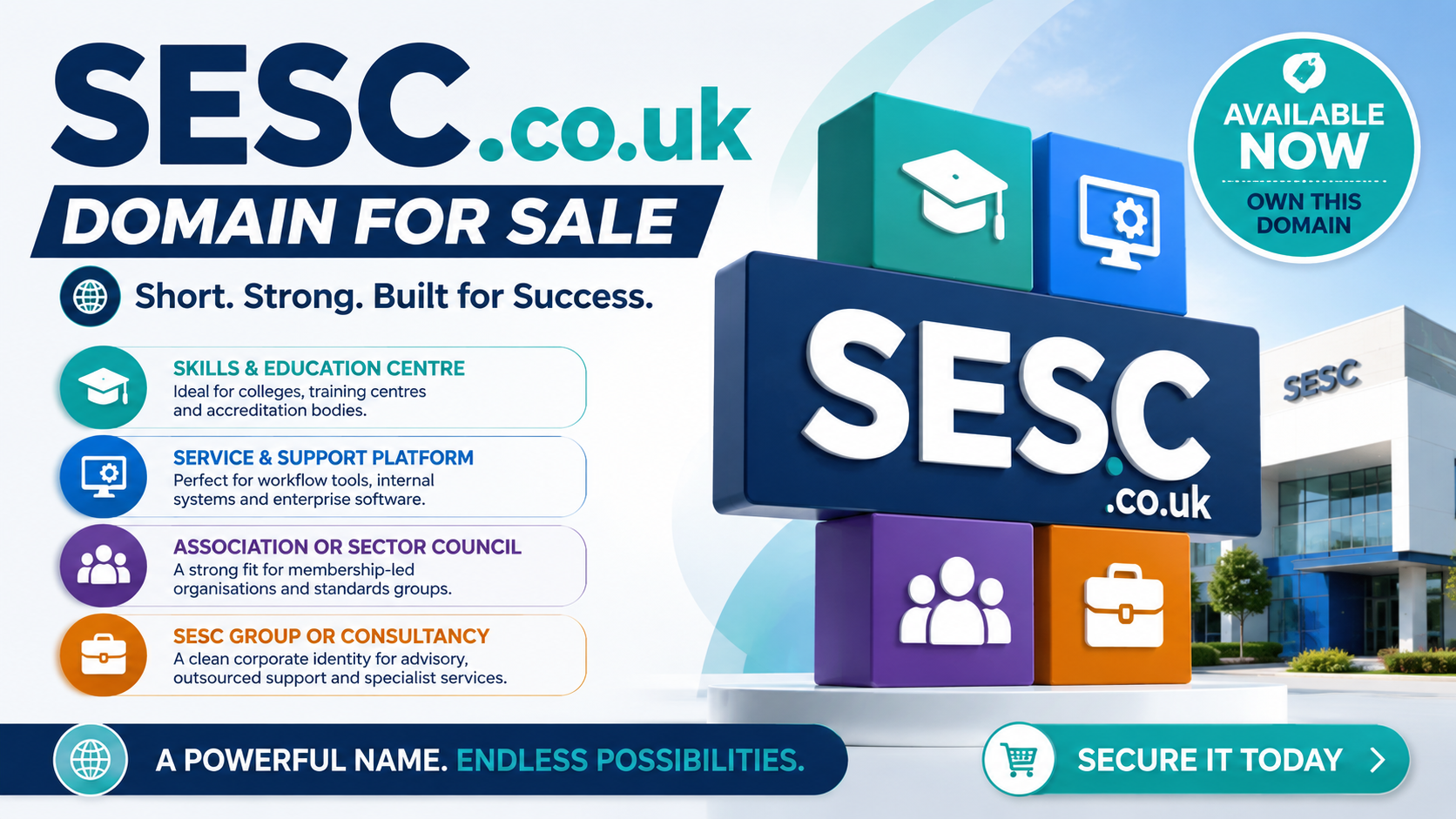 Promotional graphic featuring the domain SESC.co.uk with education, tech and consultancy icons. Style: bright modern corporate.