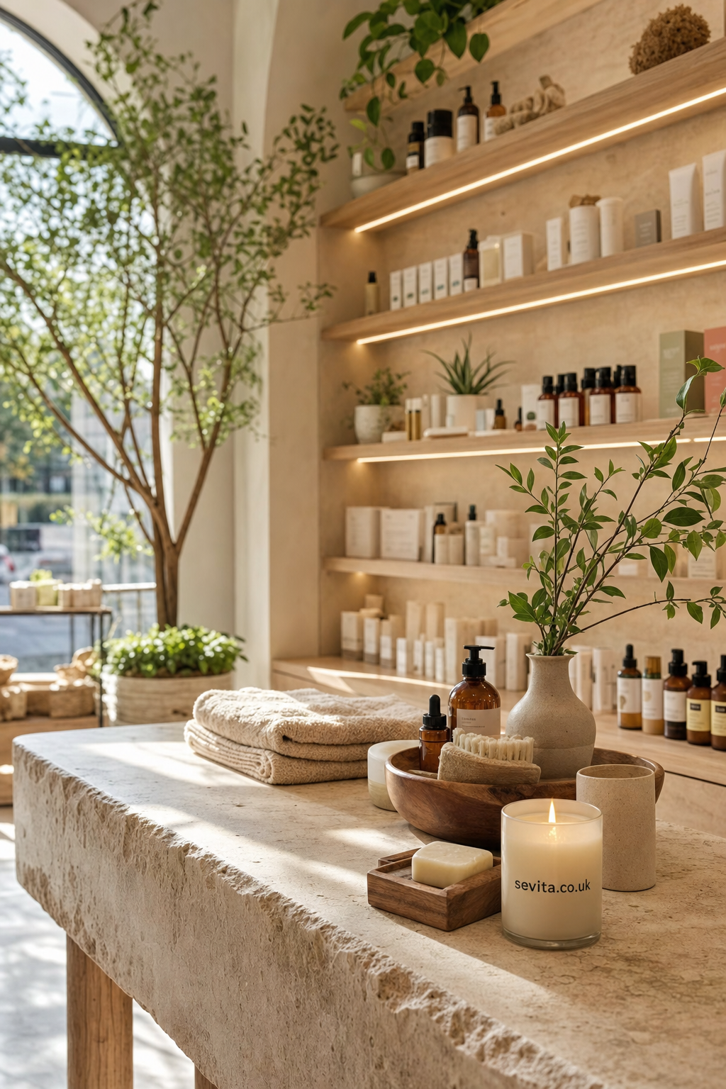 Sunlit boutique wellness store interior with natural stone table displaying skincare products, a lit candle, folded towels, and potted plants, with shelves of skincare bottles and boxes in the background.