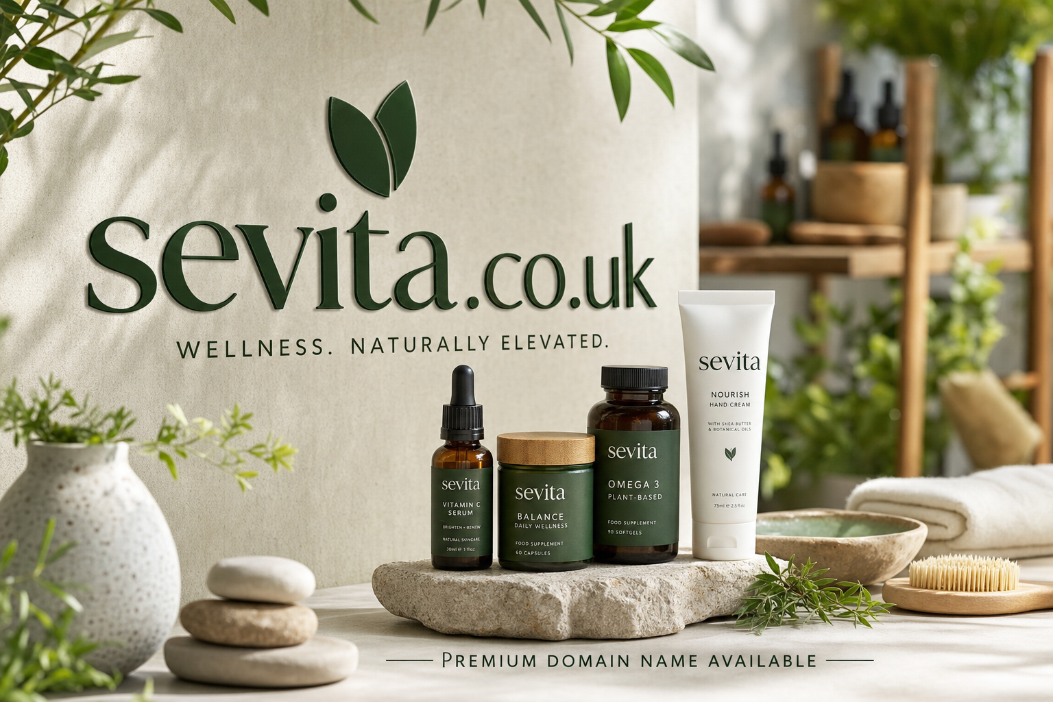 A natural wellness product display features a Vitamin C serum bottle, Balance daily wellness capsules jar, Omega 3 softgels bottle, and Nourish hand cream tube arranged on a stone slab with leafy plants and wooden skincare accessories in a softly lit setting.