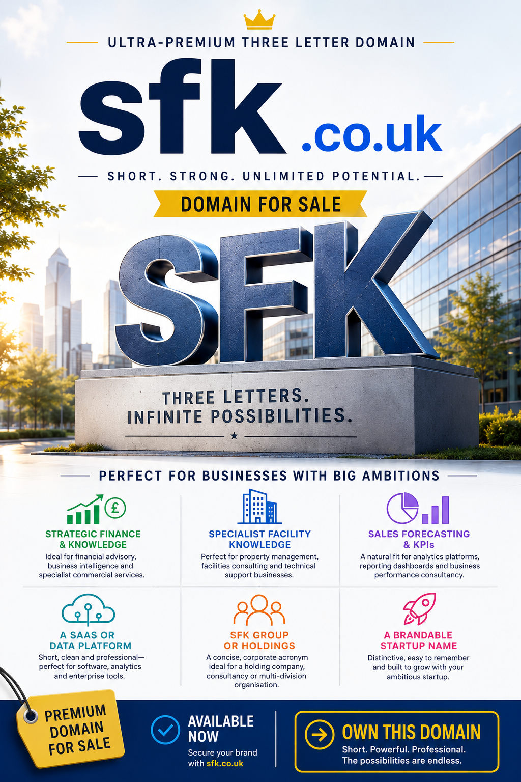 Landscape promotional graphic featuring the domain sfk.co.uk with bold 3D SFK monument and corporate office backdrop. Style: modern premium branding.