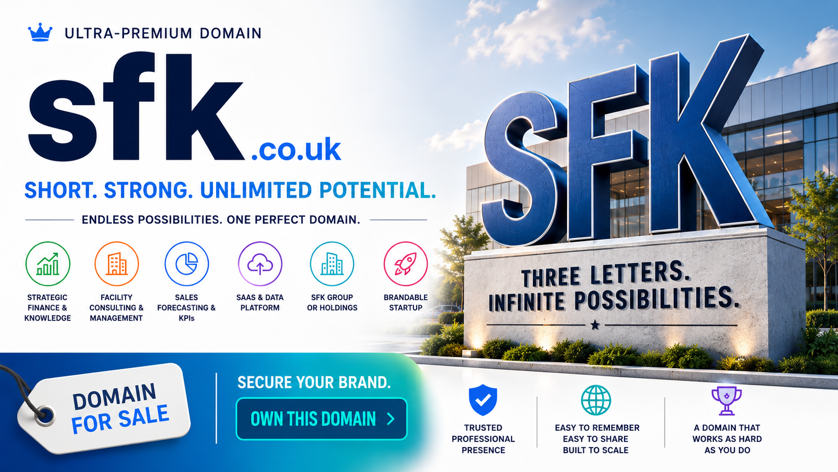 Landscape promotional graphic featuring the domain sfk.co.uk with bold 3D SFK monument and corporate office backdrop. Style: modern premium branding.