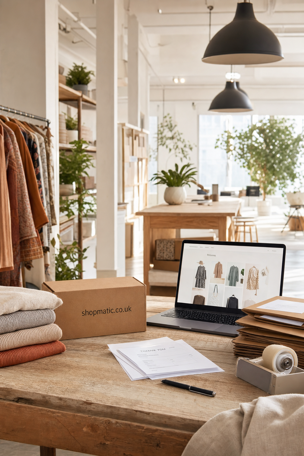 A bright workspace in a fashion boutique featuring a wooden table with folded knitwear, a laptop displaying a clothing ecommerce website, a cardboard box labeled shopmatic.co.uk, order documents, and packing materials, surrounded by racks of hanging clothes and indoor plants.