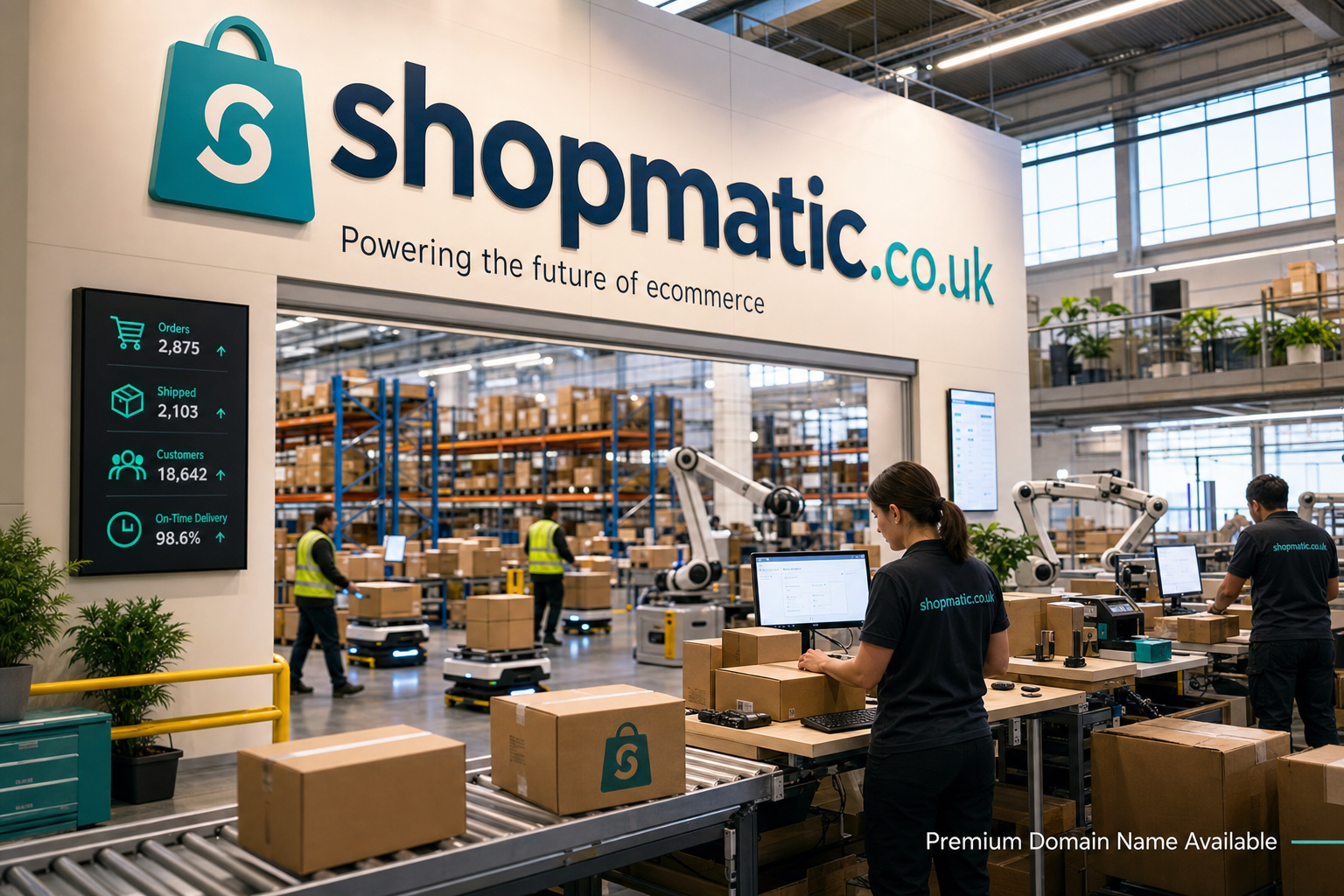 Inside a large warehouse, workers wearing black shirts with teal logo operate computers and manage cardboard boxes on conveyor belts. Automated robots move packages near shelving filled with boxes. A large sign reads shopmatic.co.uk with business metrics displayed.
