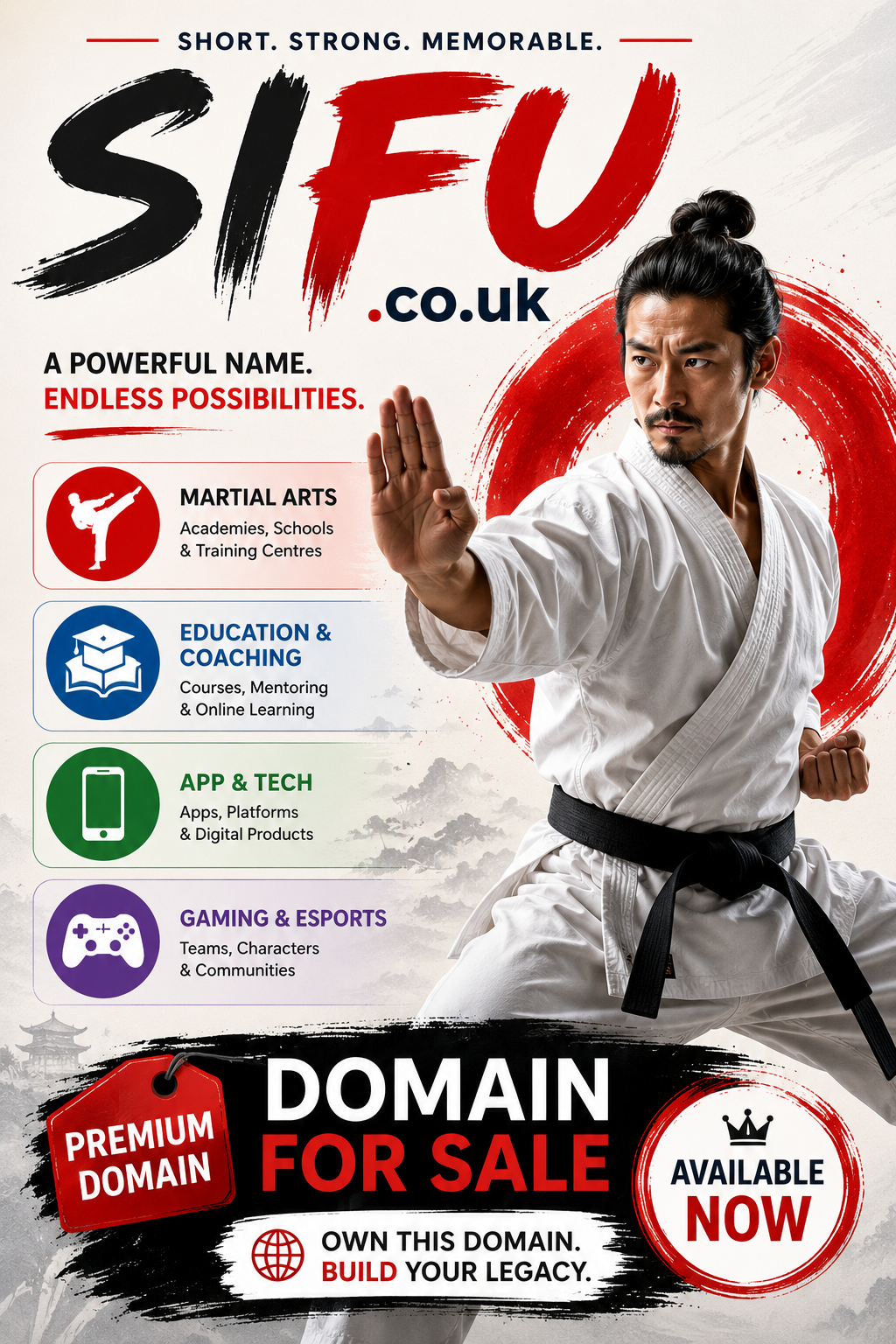 Promotional graphic featuring the domain SIFU.co.uk with martial artist, gaming and app icons. Style: bold modern startup.