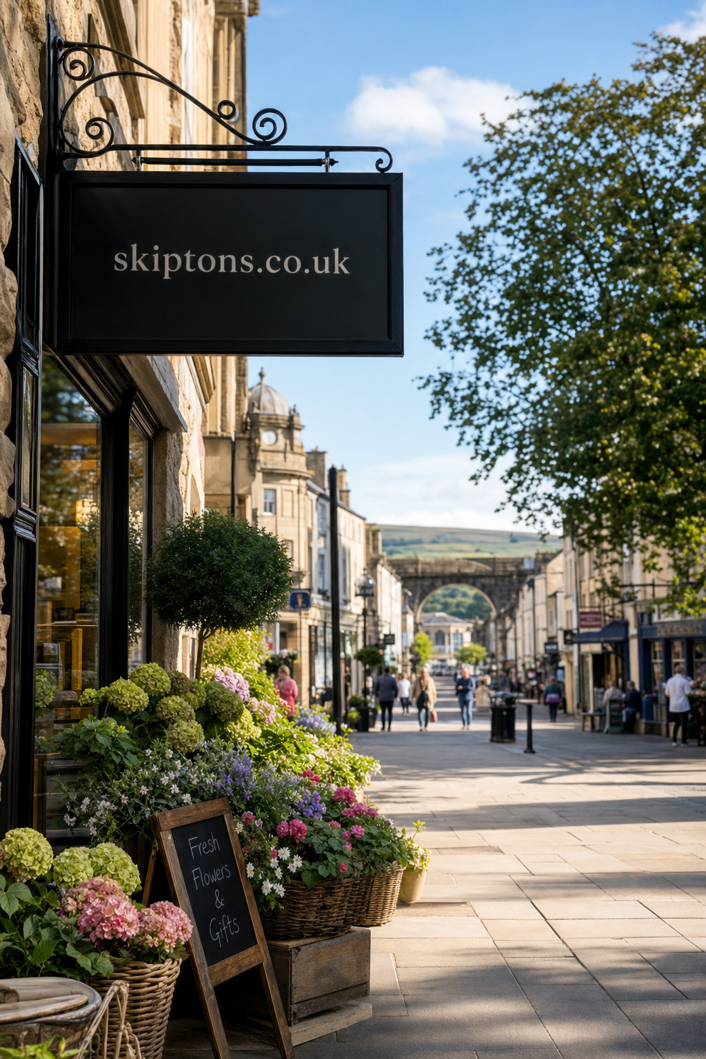 A quaint street lined with shops and people walking, featuring a black hanging sign reading 'skiptons.co.uk' above a storefront decorated with baskets of colorful fresh flowers and a chalkboard sign advertising flowers and gifts.