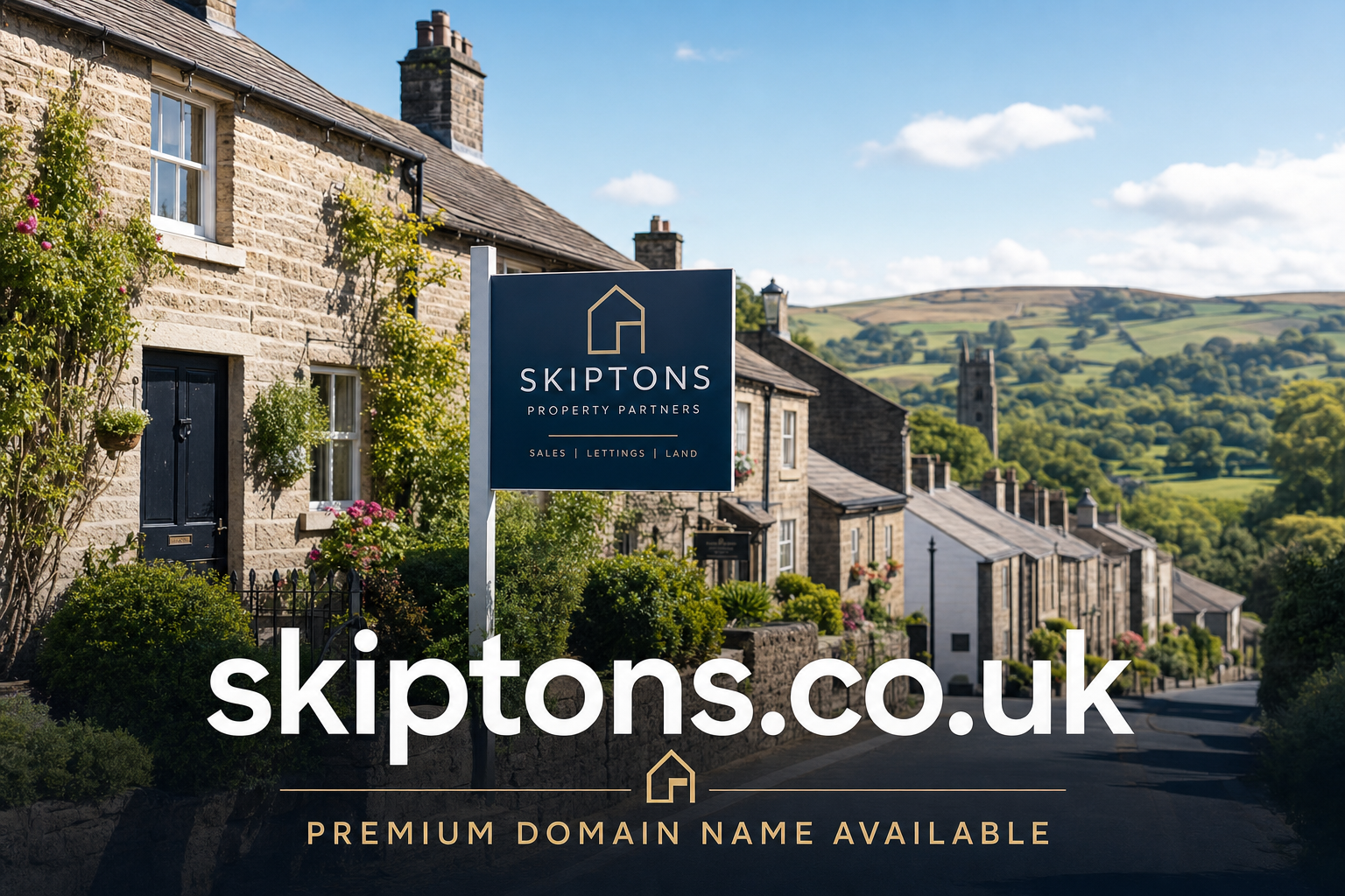 A stone-built village street lined with traditional houses and greenery on a sunny day, featuring a navy sign for Skiptons Property Partners offering sales, lettings, and land services, with hills and a church tower in the background.
