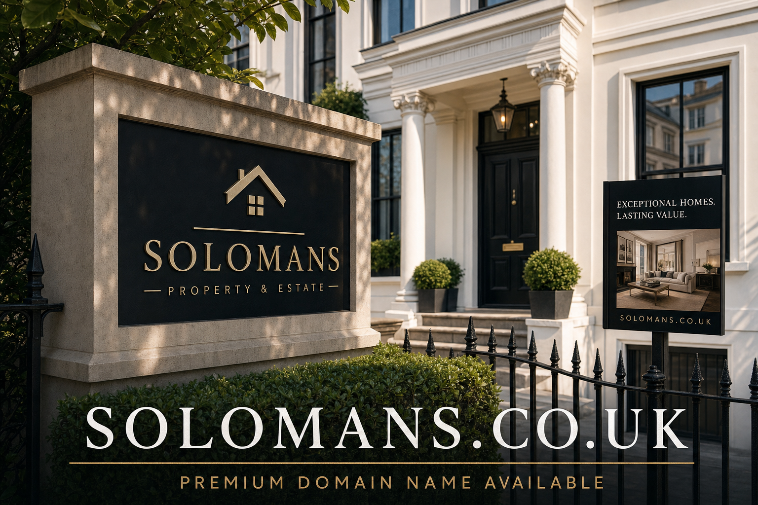 Stone sign with gold lettering and house logo reading 'Solomans Property & Estate' in front of a white classical building with columns, black door, and neatly trimmed shrubs. A nearby sign shows a stylish living room with text 'Exceptional Homes. Lasting Value.' and the domain solomans.co.uk.