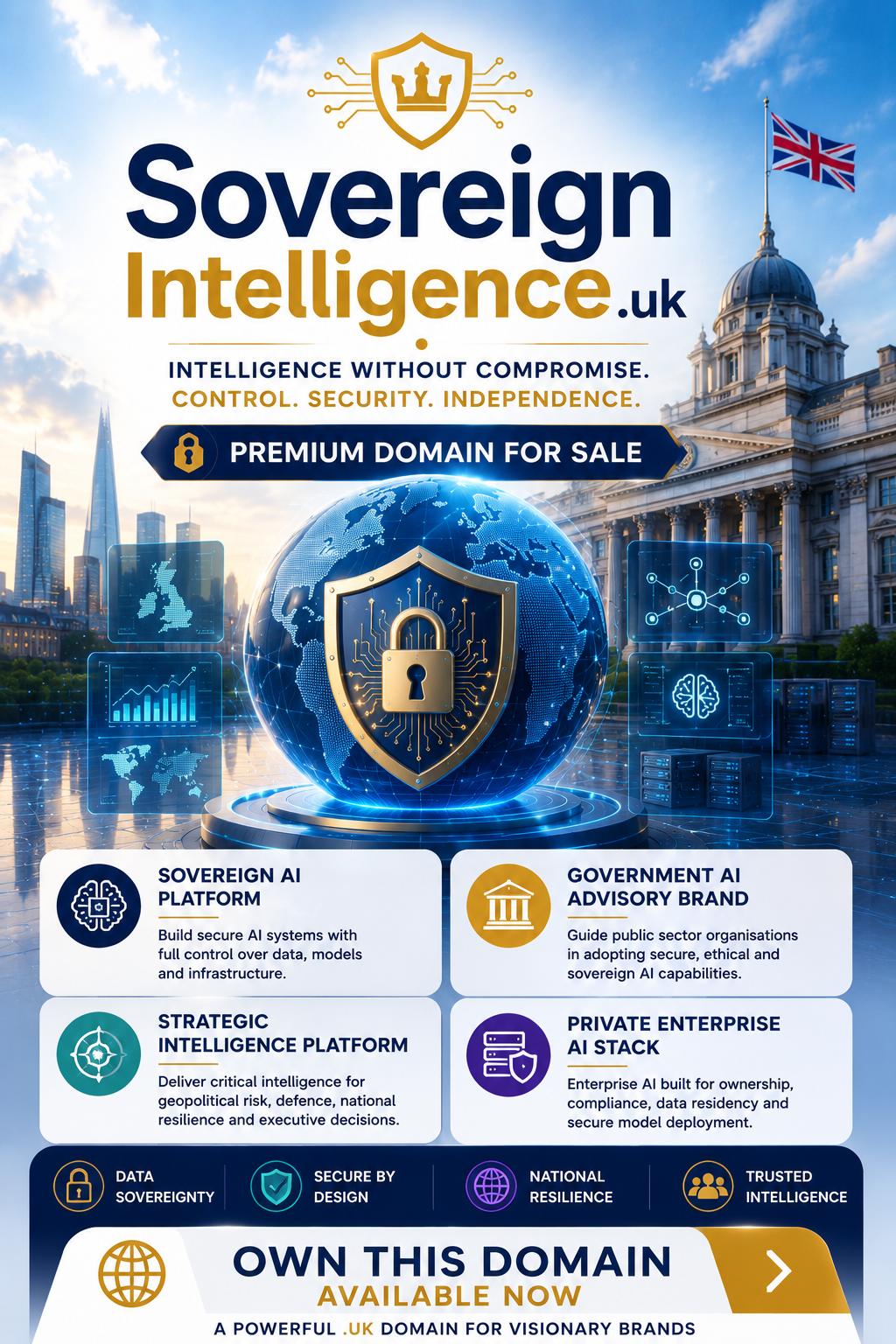 Promotional banner featuring the domain SovereignIntelligence.uk with AI shield, secure globe and government-inspired architecture. Style: bright, premium, futuristic.