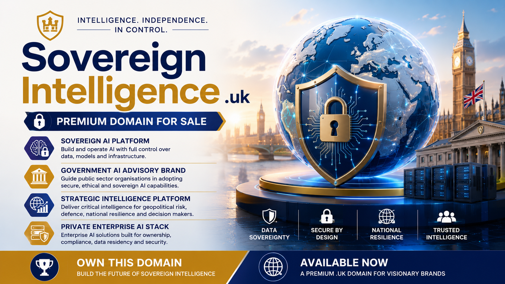 Promotional banner featuring the domain SovereignIntelligence.uk with AI shield, secure globe and government-inspired architecture. Style: bright, premium, futuristic.