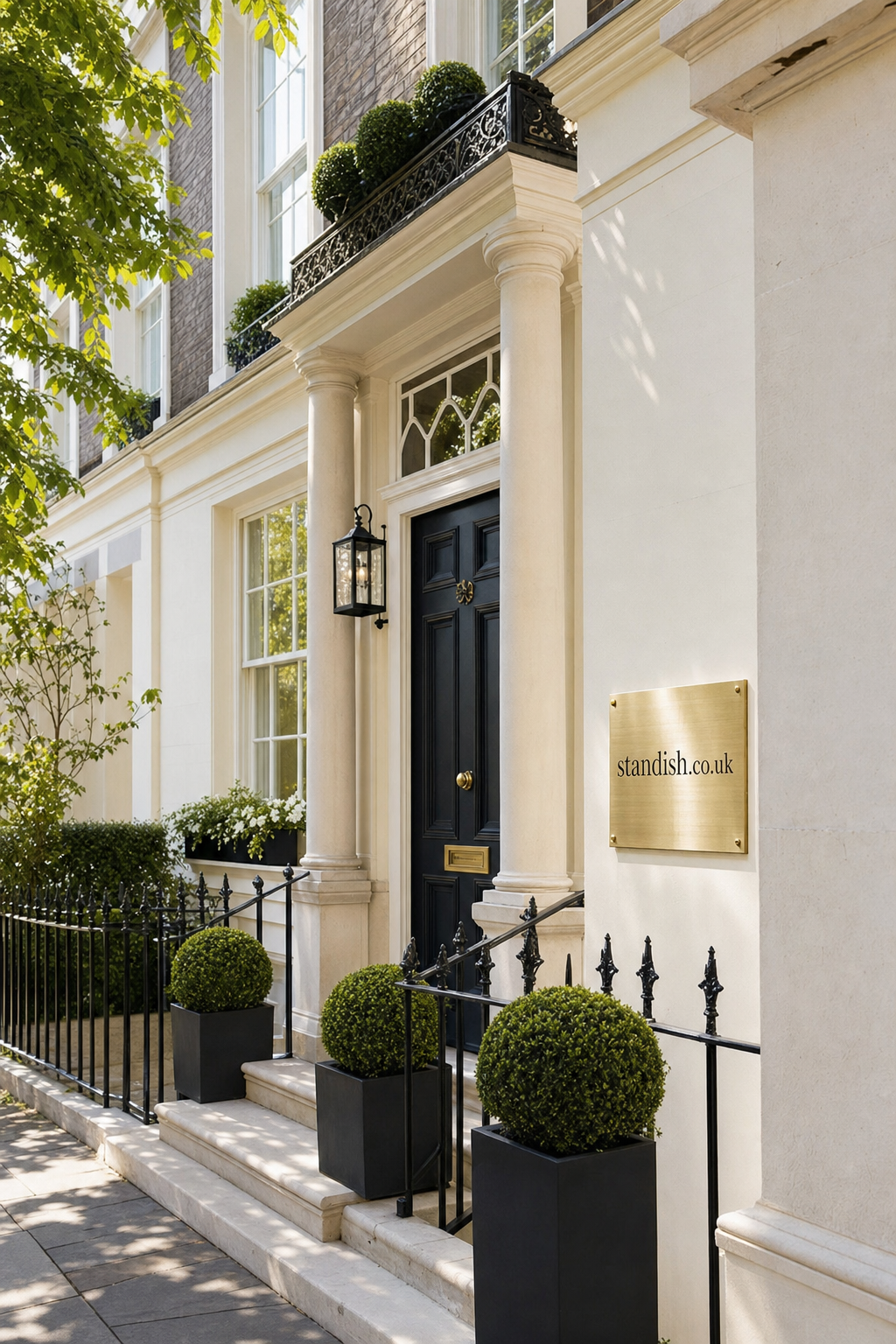 Elegant Georgian townhouse entrance with cream stone steps, black front door, decorative columns, topiary shrubs and a brass plaque reading 'standish.co.uk'
