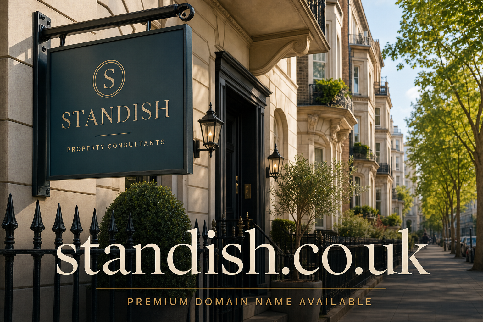 A classic street view of upscale townhouses with ornate architectural details and black wrought iron fencing, featuring a hanging sign for Standish Property Consultants. The image conveys an elegant, tree-lined residential area in soft daylight.