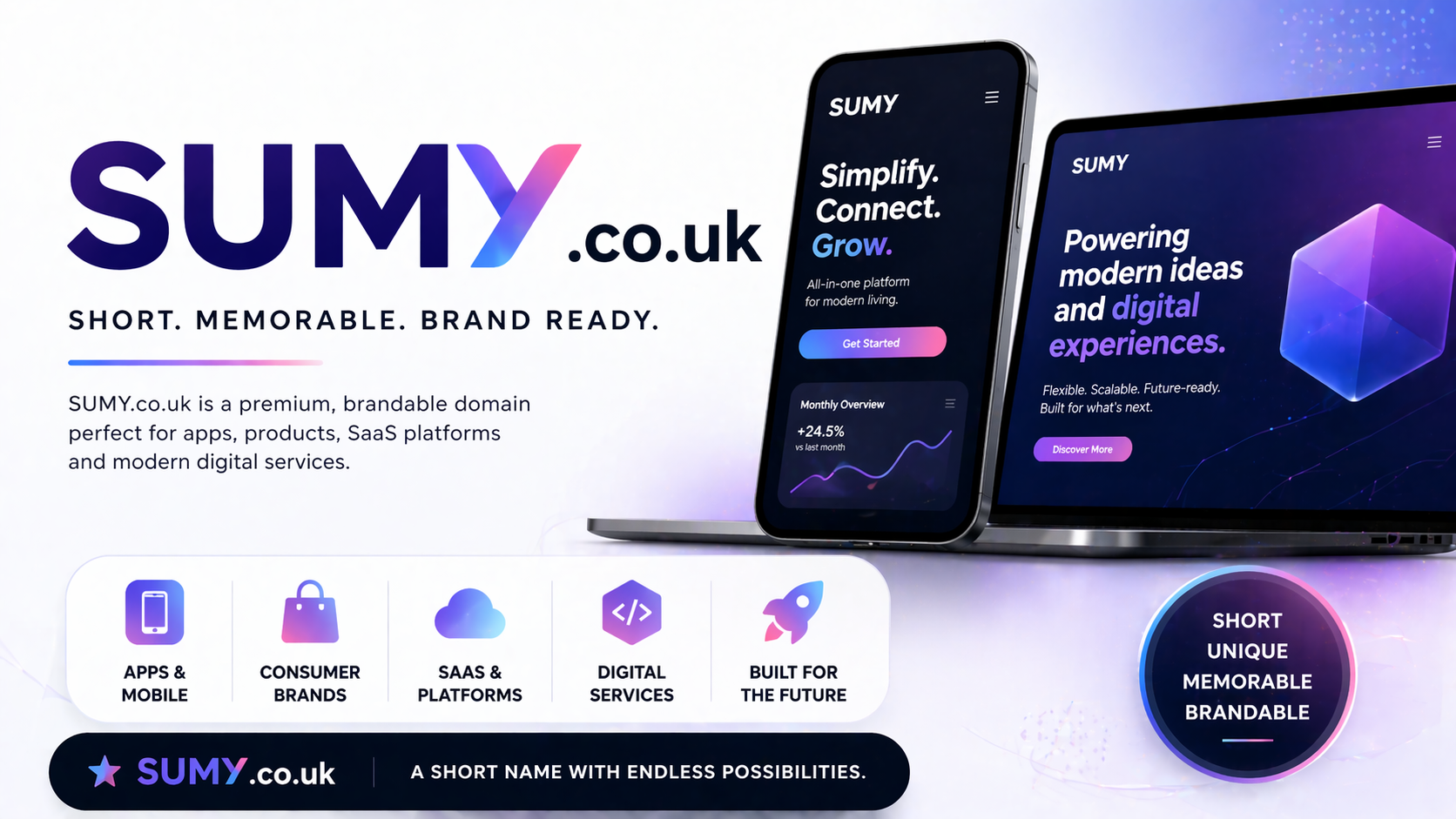 Promotional banner showing the domain SUMY.co.uk with gradient text, a phone and laptop UI, and the tagline ‘Short. Memorable. Brand Ready.’
