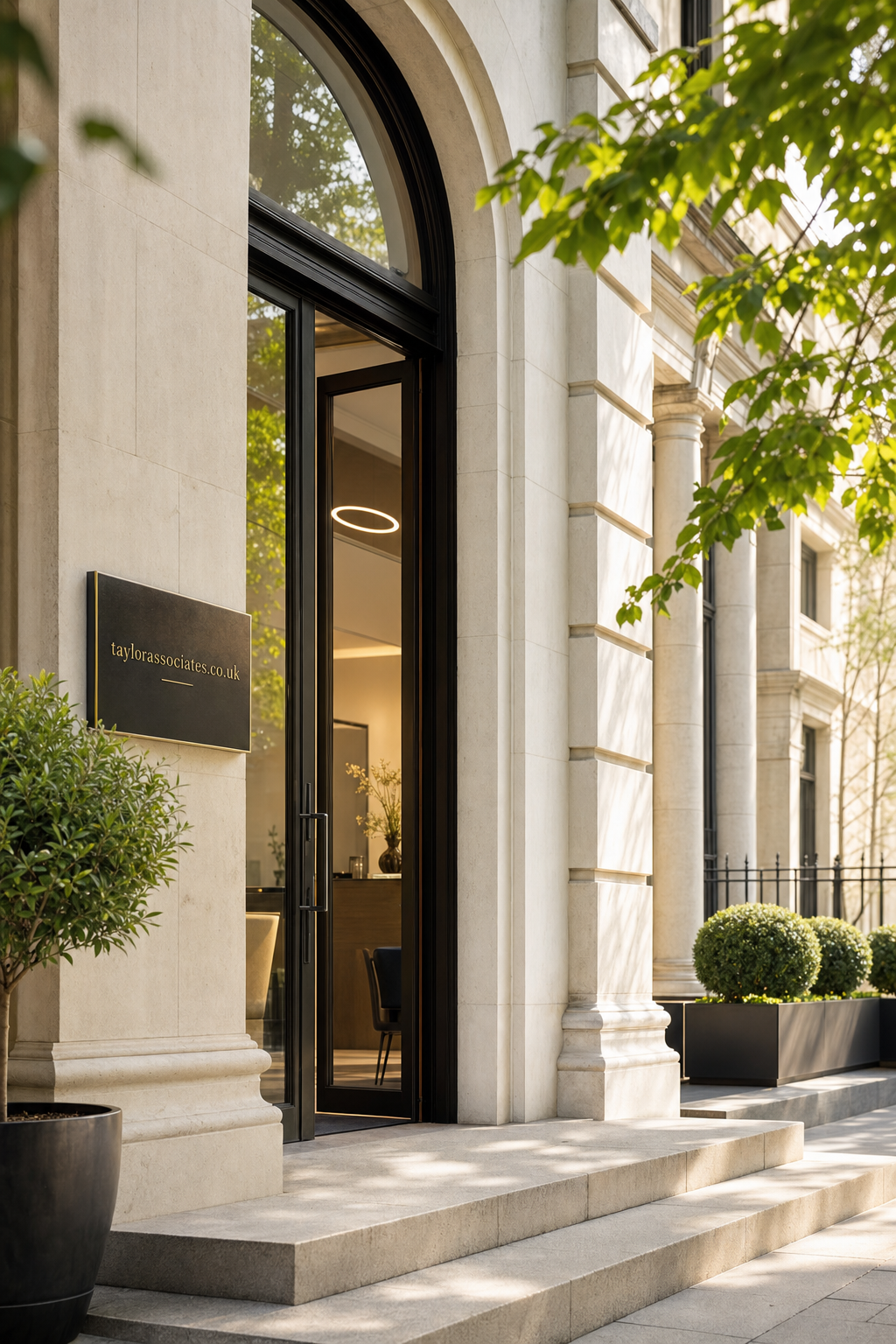 Stone building entrance with tall arched glass door and a black sign reading 'taylorassociates.co.uk'. Green plants in pots flank the entrance under dappled sunlight.