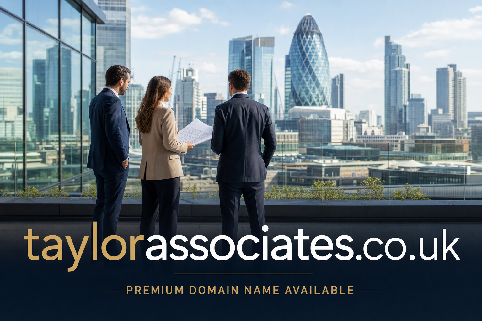 Three business professionals stand on a rooftop terrace overlooking a city skyline with modern skyscrapers, including a distinctive egg-shaped building. One person holds architectural blueprints as they discuss the view. Text at the bottom advertises the domain taylorassociates.co.uk as a premium domain name available.