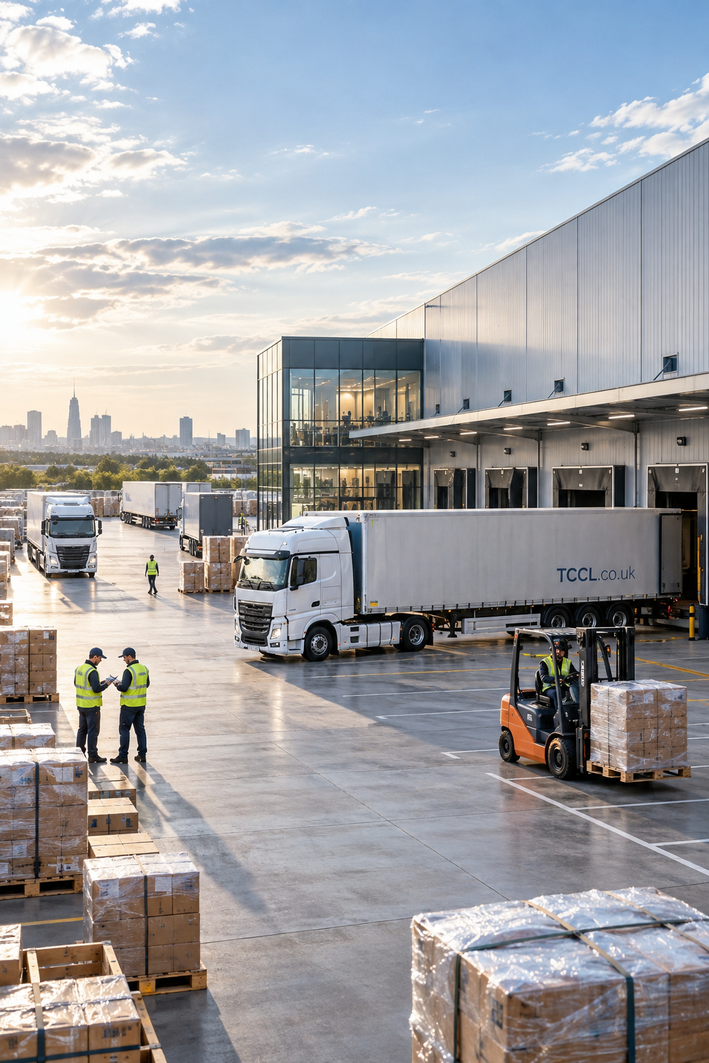 Sunlit logistics distribution centre with articulated lorries, warehouse loading bays, palletised cargo, forklift operations and staff coordinating shipments, with TCCL.co.uk displayed discreetly on a trailer.