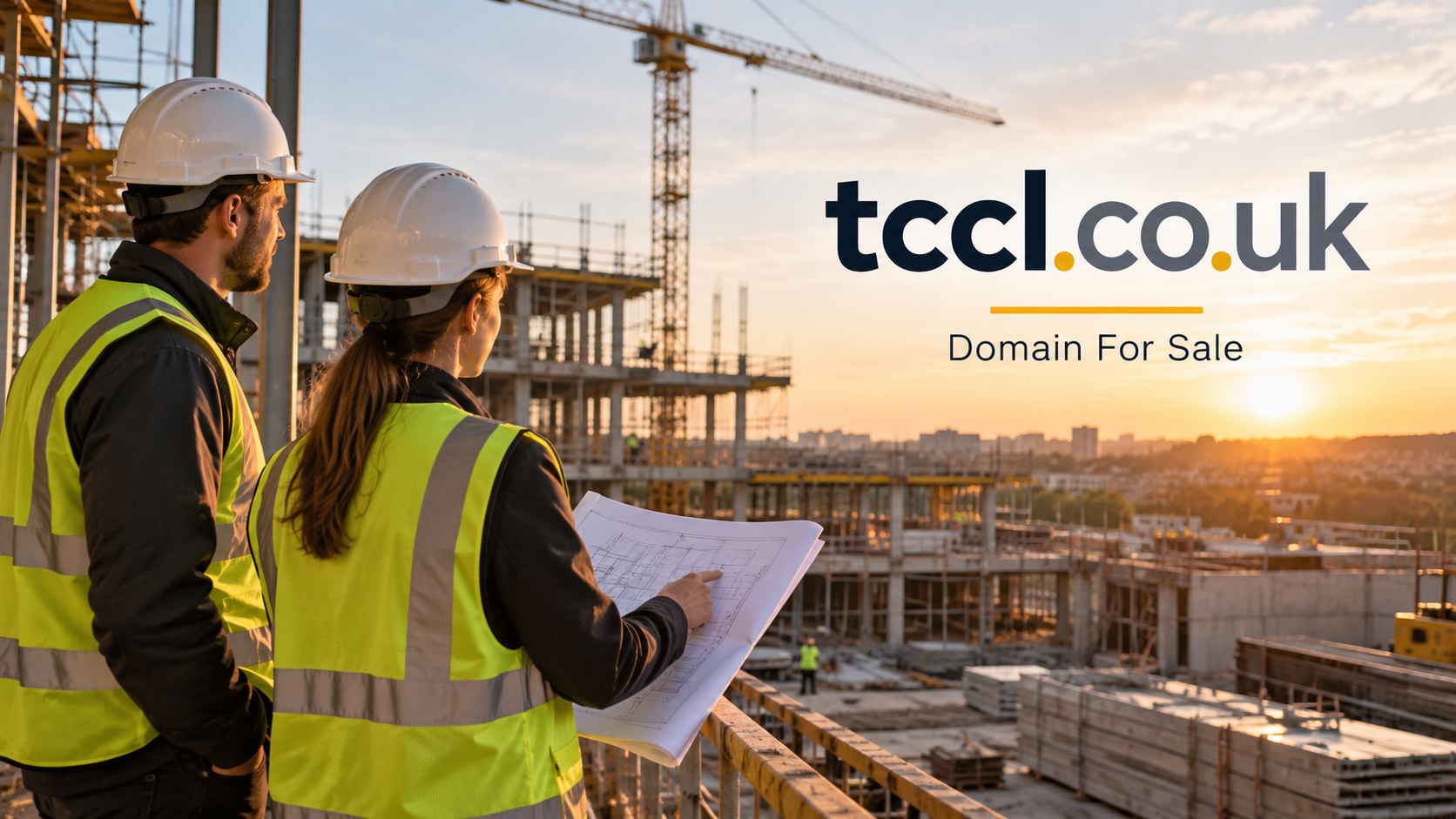 Two construction professionals in hard hats and hi-vis jackets review plans overlooking a large building site with scaffolding and a tower crane at sunset.