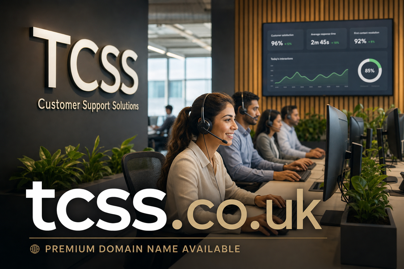 A team of four customer support agents wearing headsets works at computer stations in a modern office with plants and a large screen displaying performance metrics on the wall behind them.