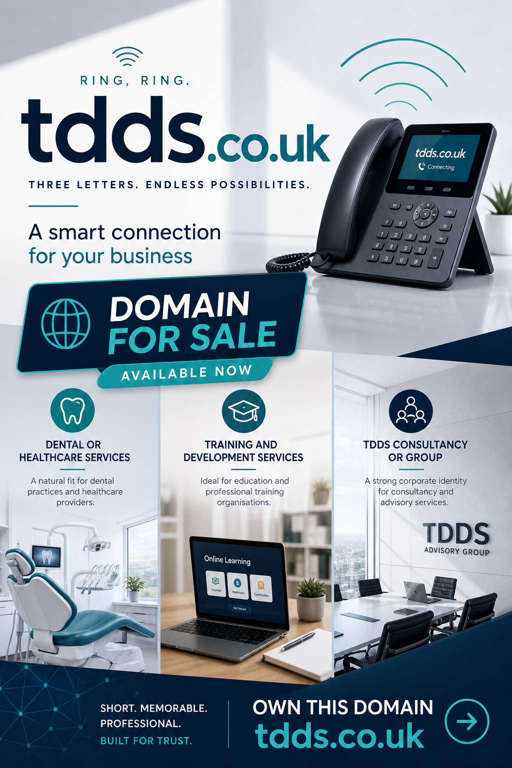 Promotional graphic featuring the domain tdds.co.uk, shown with desk phone and business icons. Style: modern, clean, corporate.