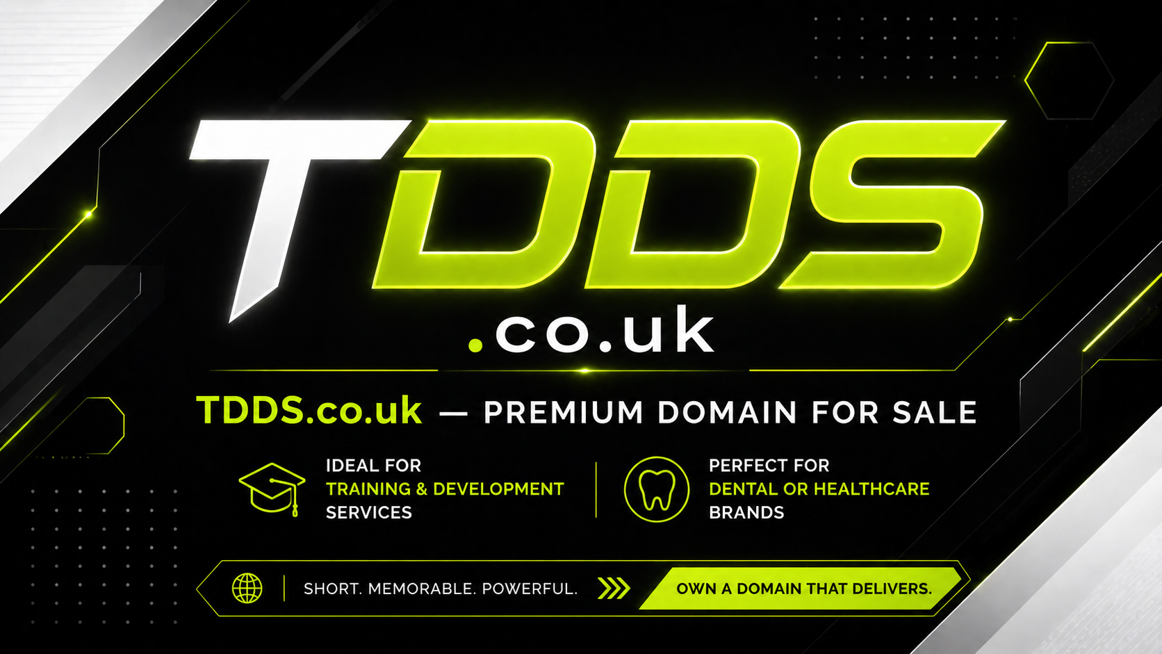Promo banner featuring the domain TDDS.co.uk with bold geometric text and neon accent lines. Style: futuristic, high-contrast, tech-inspired.