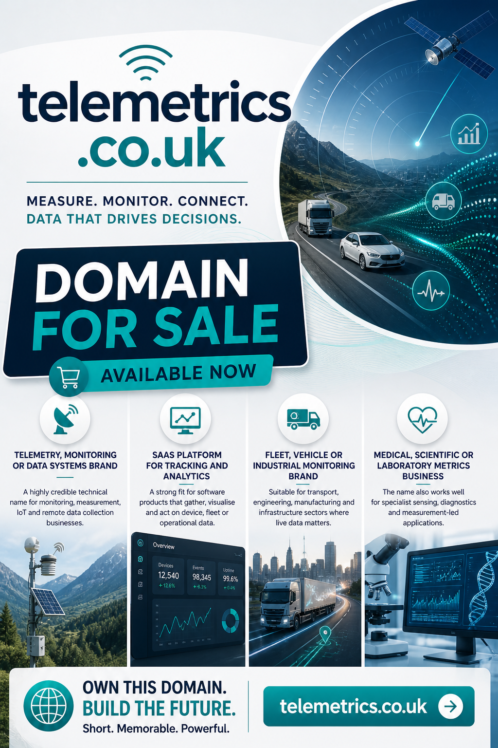 Promotional graphic featuring the domain telemetrics.co.uk, shown with data dashboard and satellite icons. Style: modern, tech-focused, clean.